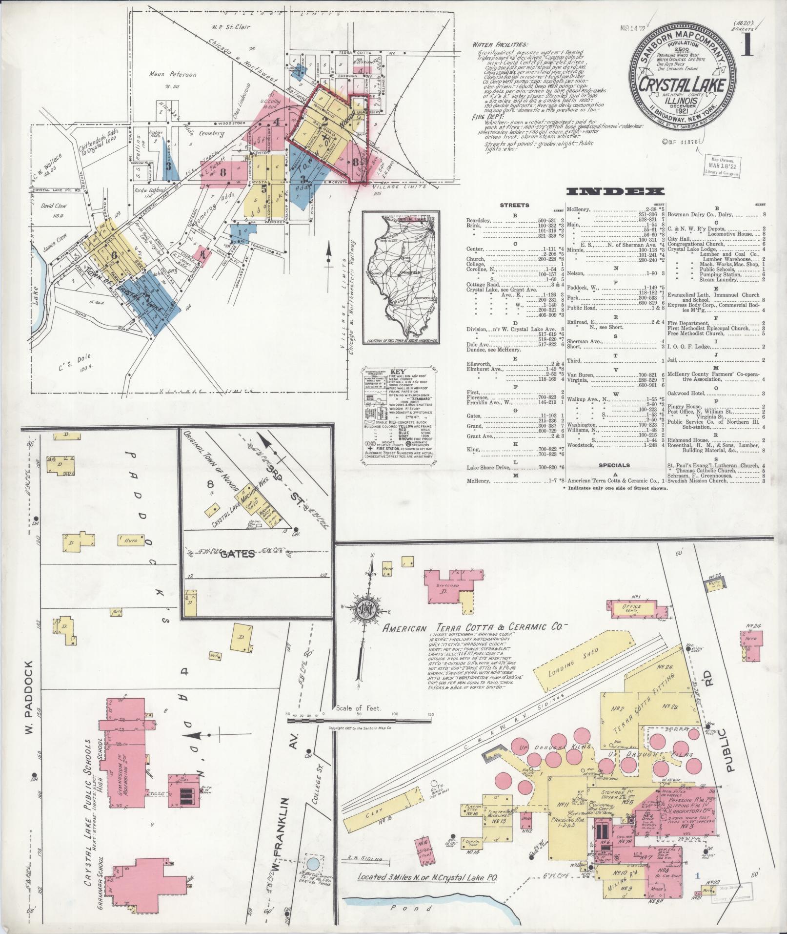Sanborn Fire Insurance Map from Crystal Lake, McHenry County, Illinois (1921), Sheet #0001 - Historic Sanborn Fire Insurance Map Print, vintage old map wall art, antique decor, genealogy gift, Illinois Illinois map