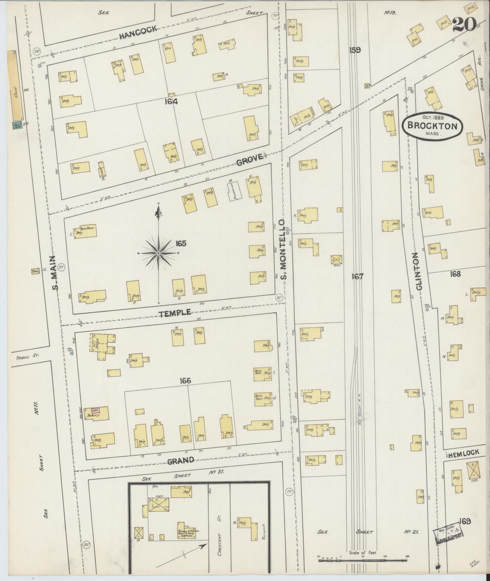 Sanborn Fire Insurance Map from Brockton, Plymouth County, Massachusetts (1889), Sheet #0020 - Historic Sanborn Fire Insurance Map Print, vintage old map wall art, antique decor, genealogy gift, Massachusetts Massachusetts map