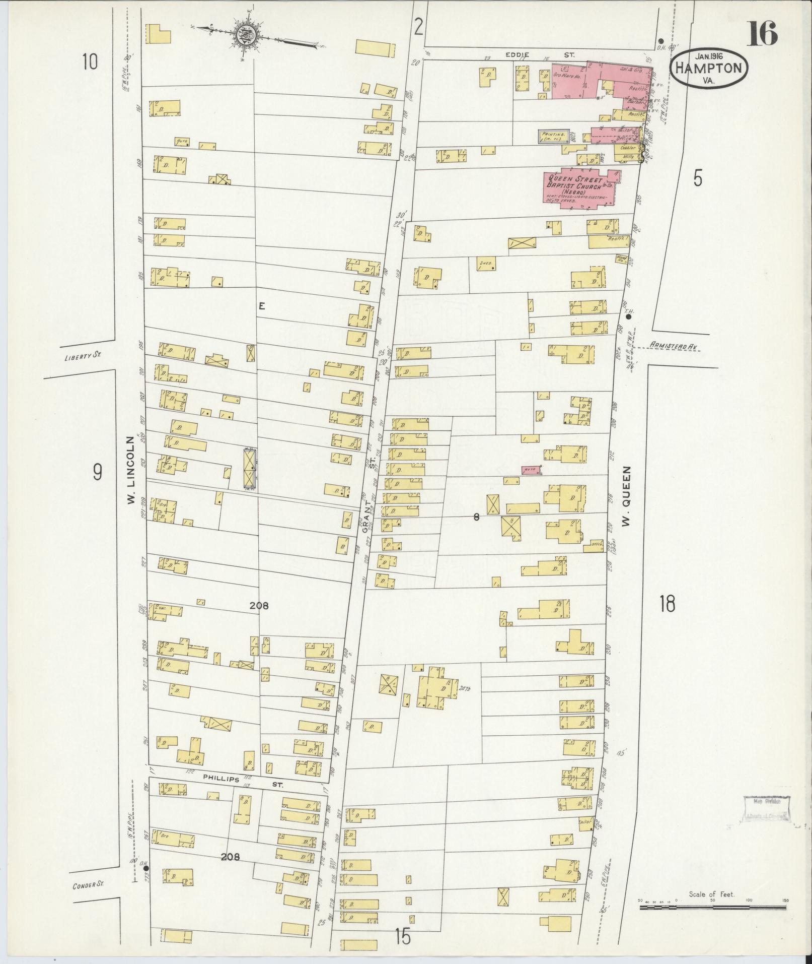 Sanborn Fire Insurance Map from Hampton, Independent Cities, Virginia (1916), Sheet #0016 - Complete Map Set gallery image, historic Sanborn map, vintage wall art, Virginia Virginia