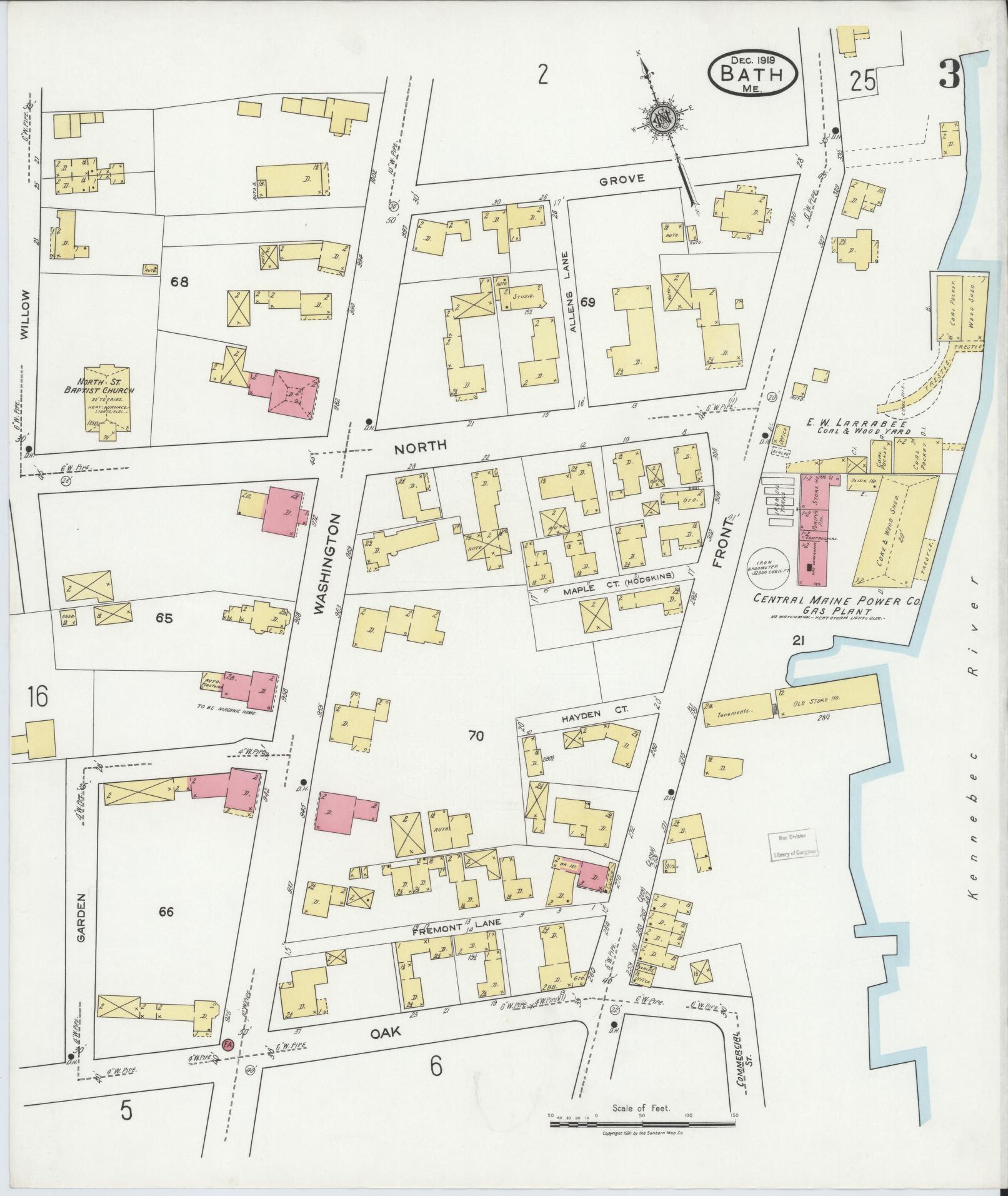 Sanborn Fire Insurance Map from Bath, Sagadahoc County, Maine (1919), Sheet #0003 - Complete Map Set gallery image, historic Sanborn map, vintage wall art, Maine Maine