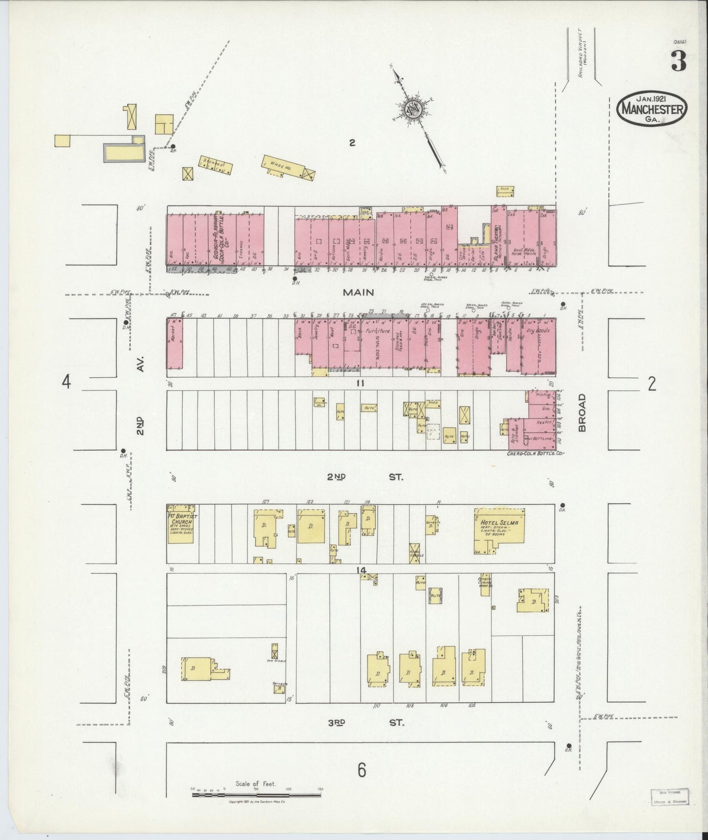 Sanborn Fire Insurance Map from Manchester, Meriweather County, Georgia (1921), Sheet #0003 - Complete Map Set gallery image, historic Sanborn map, vintage wall art, Georgia Georgia