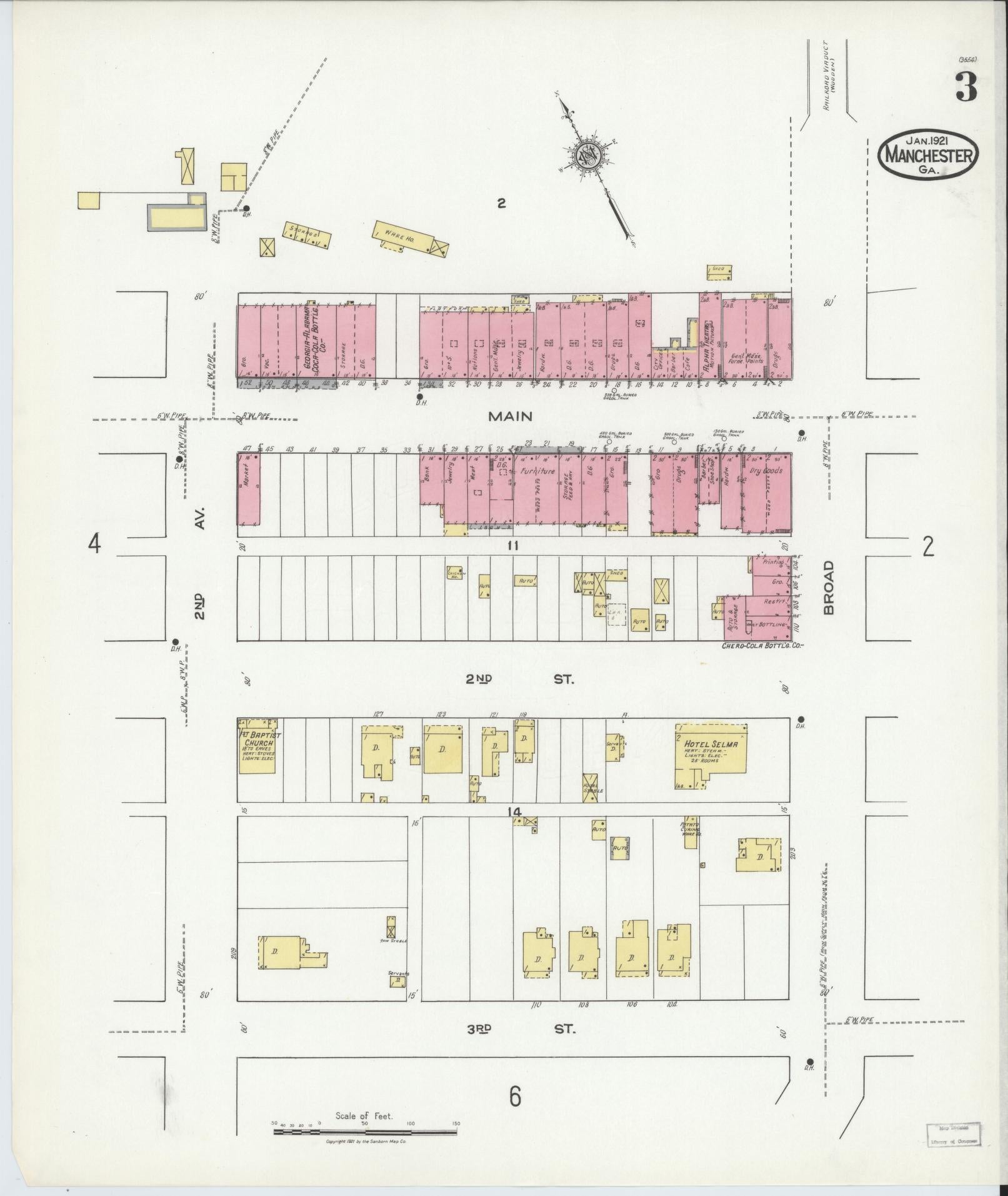 Sanborn Fire Insurance Map from Manchester, Meriweather County, Georgia (1921), Sheet #0003 - Complete Map Set gallery image, historic Sanborn map, vintage wall art, Georgia Georgia