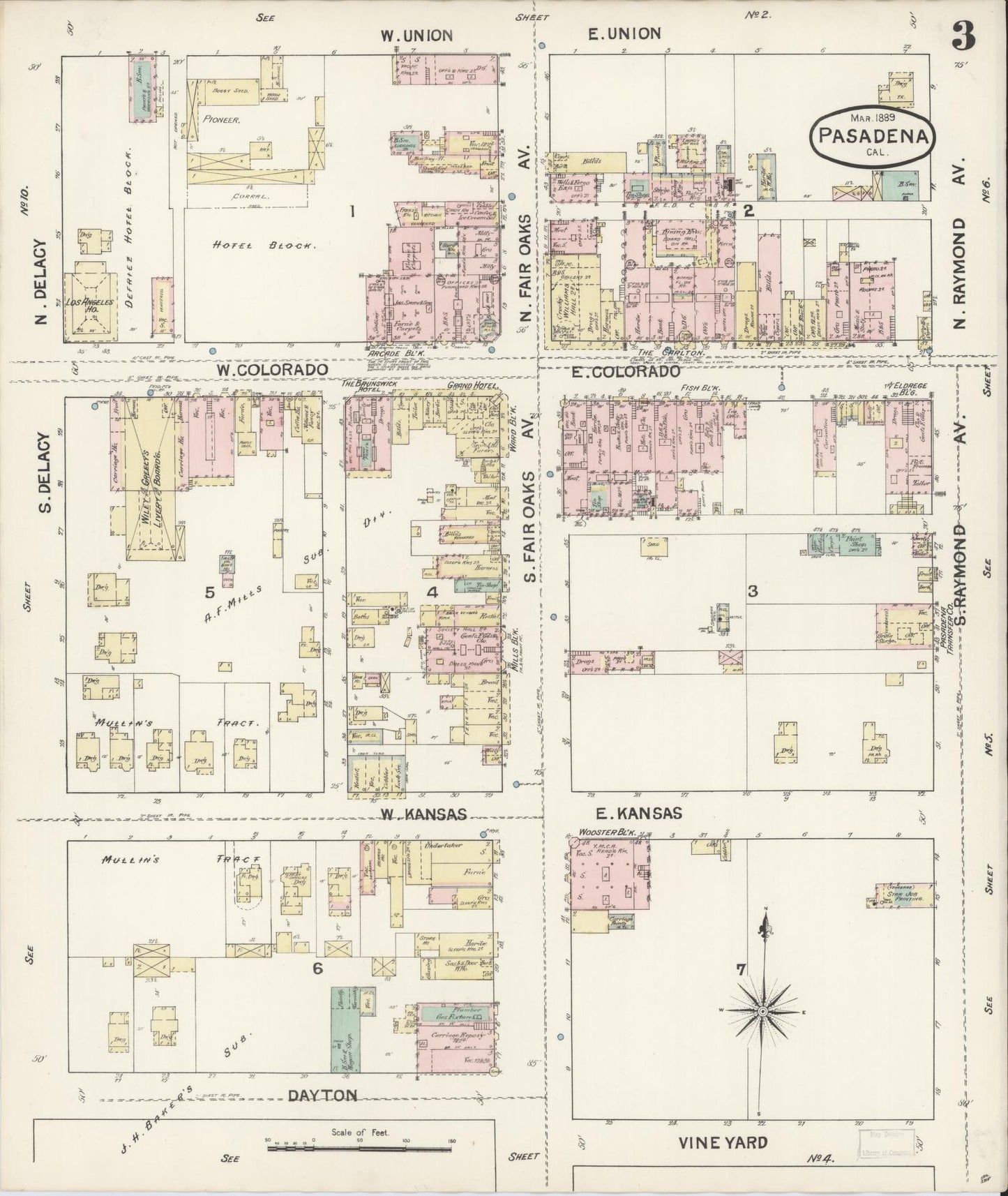 Sanborn Fire Insurance Map from Pasadena, Los Angeles County, California (1889), Sheet #0003 - Complete Map Set gallery image, historic Sanborn map, vintage wall art, California California