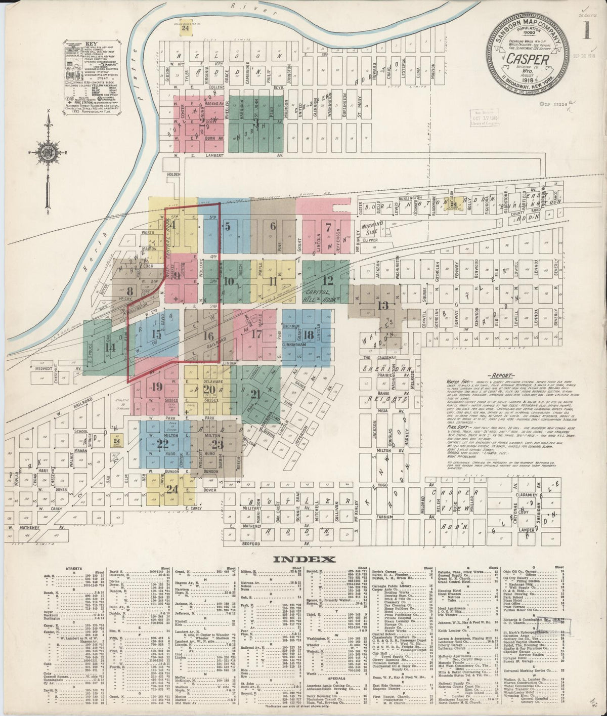 Sanborn Fire Insurance Map from Casper, Natrona County, Wyoming (1918), Sheet #0001 - Complete Map Set gallery image, historic Sanborn map, vintage wall art, Wyoming Wyoming