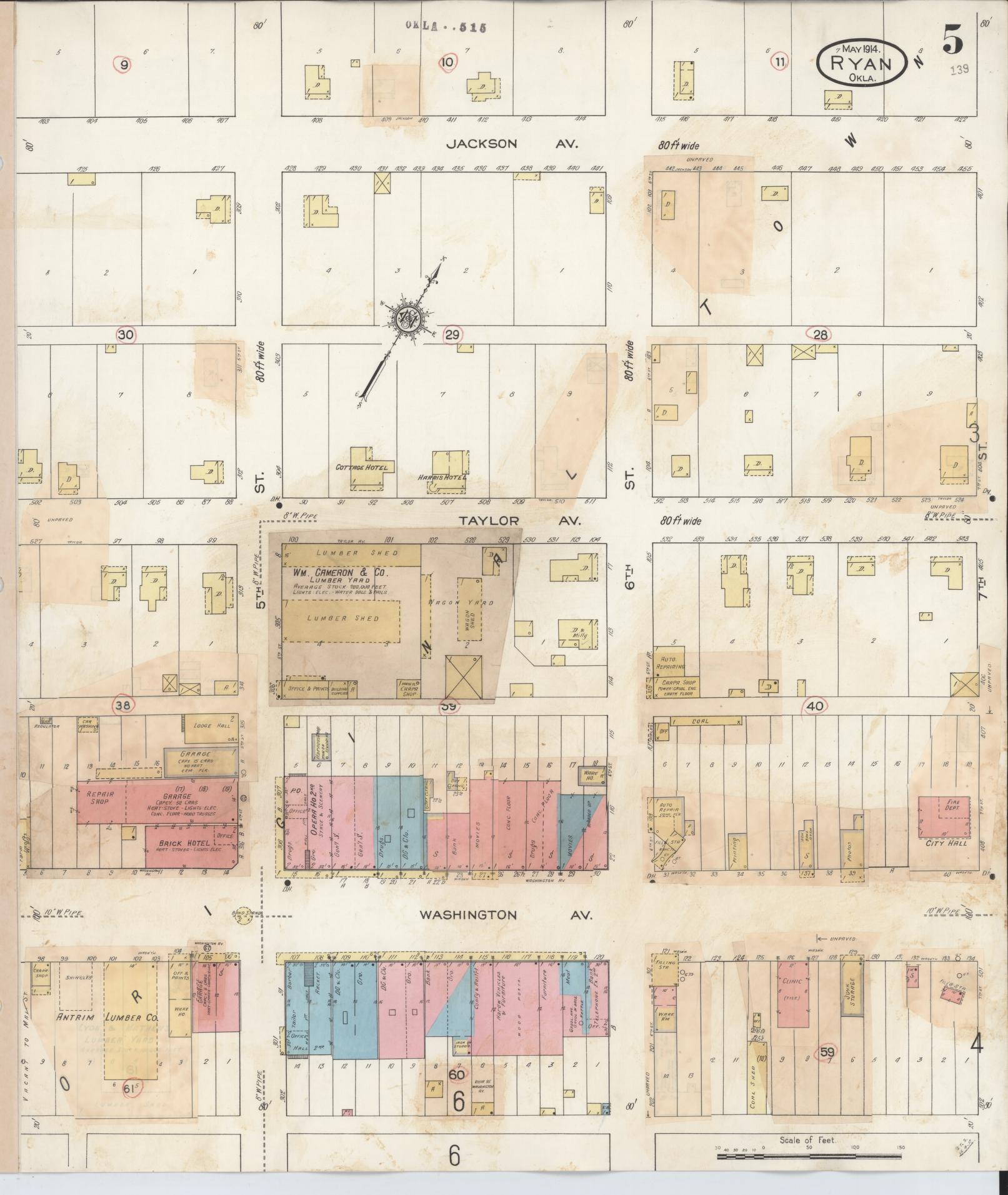 Sanborn Fire Insurance Map from Ryan, Jefferson County, Oklahoma (1932), Sheet #0005 - Historic Sanborn Fire Insurance Map Print, vintage old map wall art, antique decor, genealogy gift, Oklahoma Oklahoma map