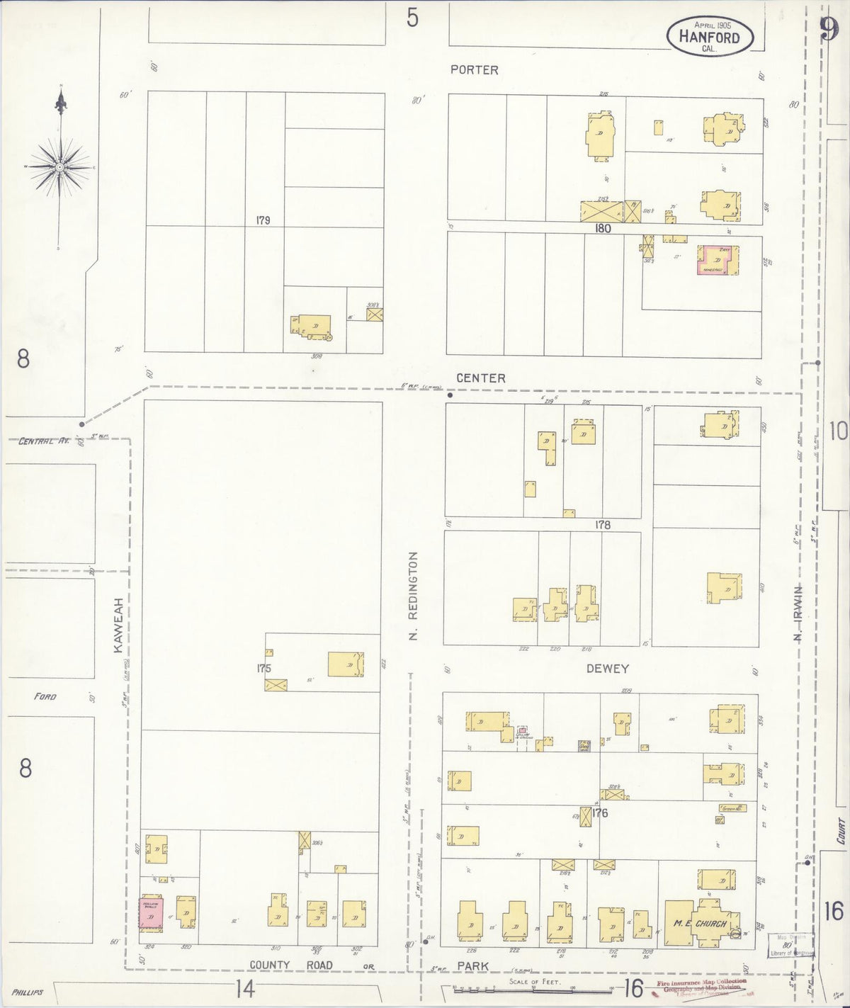 Sanborn Fire Insurance Map from Hanford, Kings County, California (1905), Sheet #0009 - Complete Map Set gallery image, historic Sanborn map, vintage wall art, California California