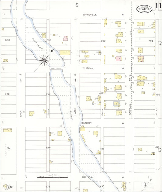 Sanborn Fire Insurance Map from Pocatello, Bannock County, Idaho (1907), Sheet #0011 - Historic Sanborn Fire Insurance Map Print, vintage old map wall art, antique decor, genealogy gift, Idaho Idaho map