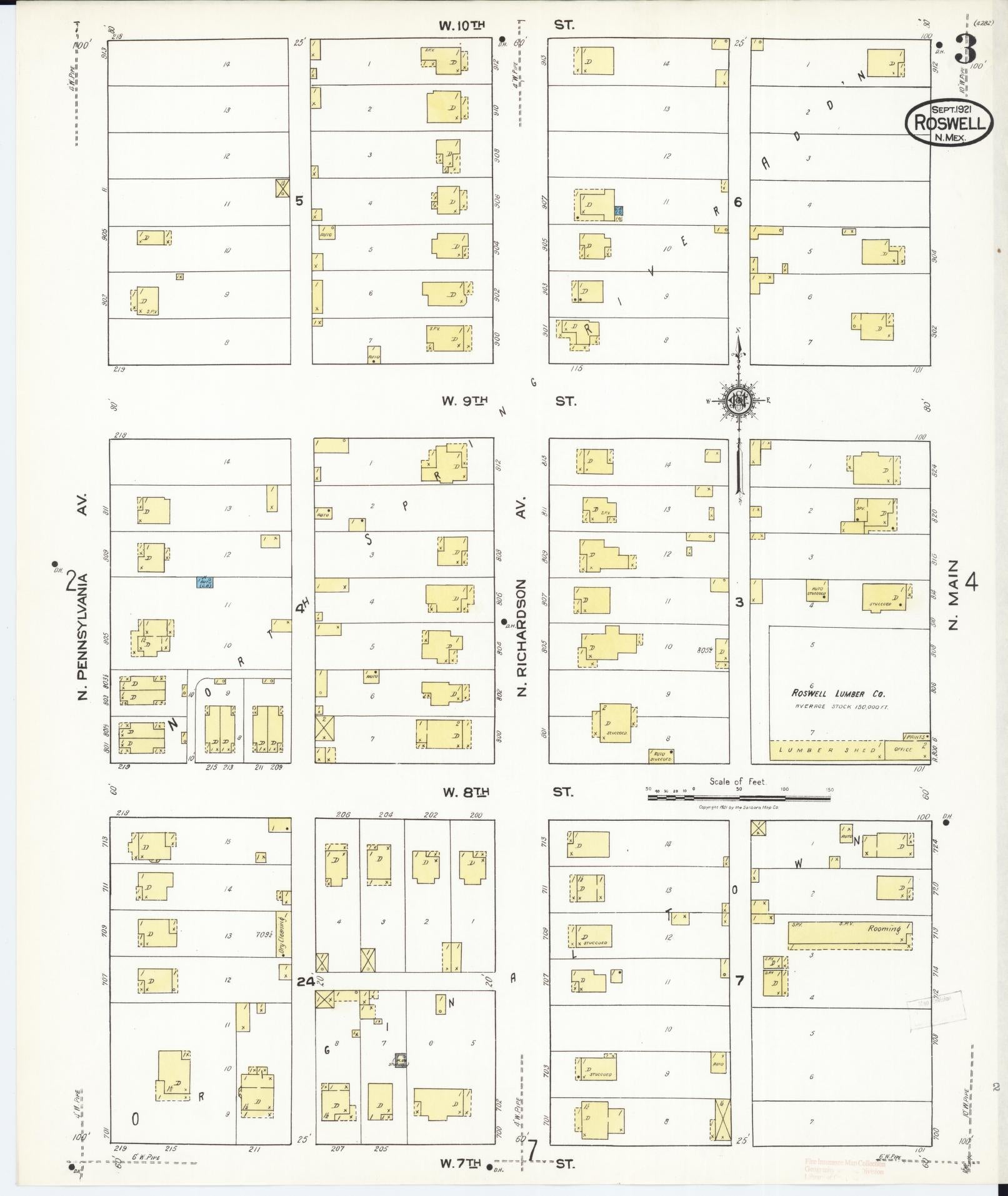 Sanborn Fire Insurance Map from Roswell, Chaves County, New Mexico (1921), Sheet #0003 - Historic Sanborn Fire Insurance Map Print, vintage old map wall art, antique decor, genealogy gift, New Mexico New Mexico map