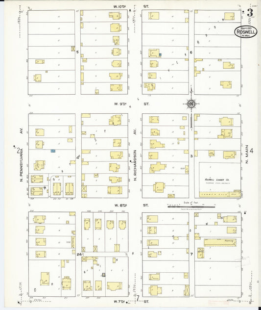 Sanborn Fire Insurance Map from Roswell, Chaves County, New Mexico (1921), Sheet #0003 - Historic Sanborn Fire Insurance Map Print, vintage old map wall art, antique decor, genealogy gift, New Mexico New Mexico map