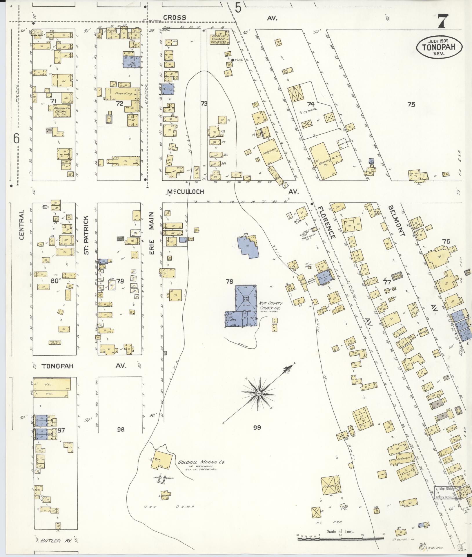 Sanborn Fire Insurance Map from Tonopah, Nye County, Nevada (1909), Sheet #0007 - Historic Sanborn Fire Insurance Map Print, vintage old map wall art, antique decor, genealogy gift, Nevada Nevada map
