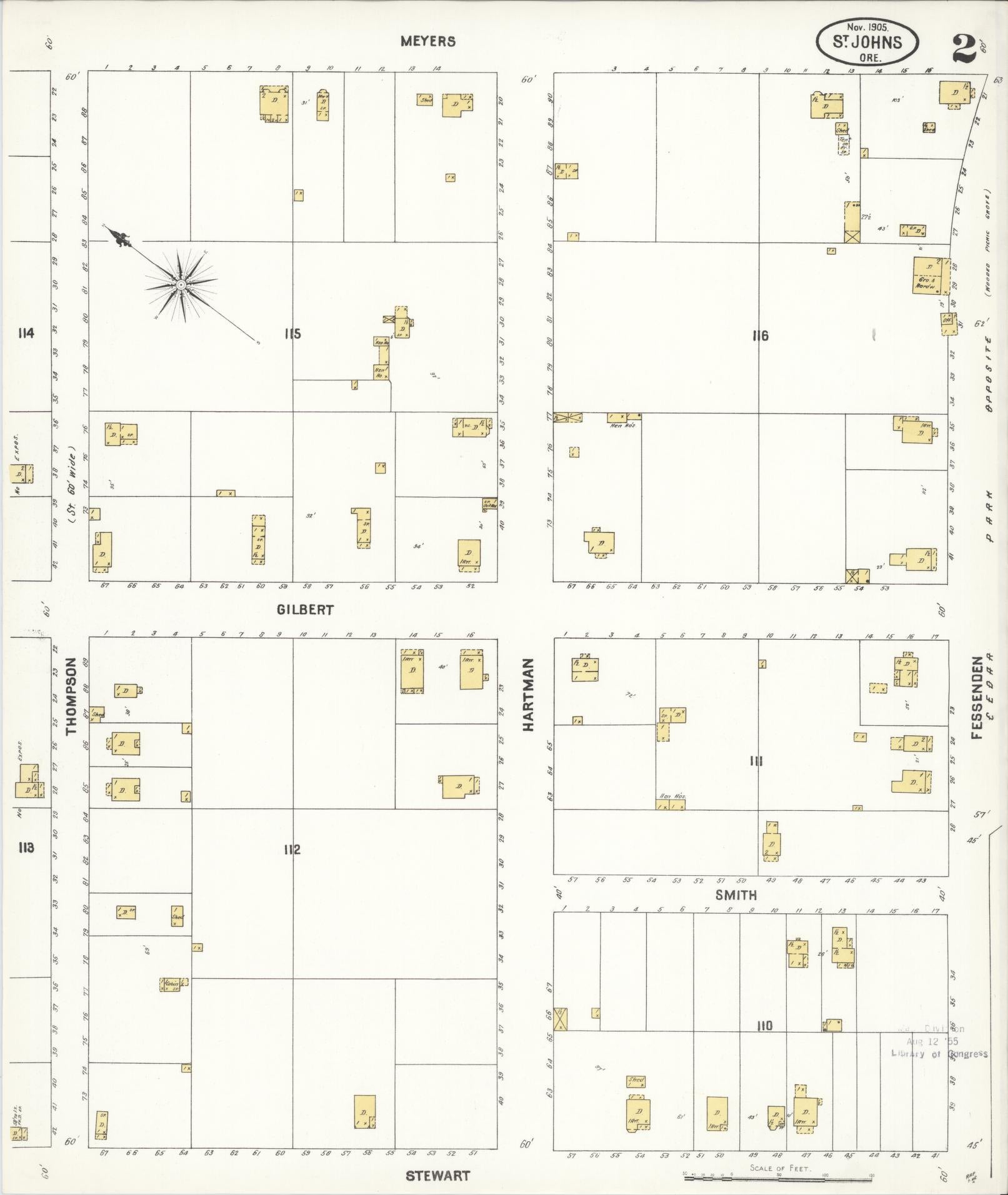 Sanborn Fire Insurance Map from Saint Johns, Multnomah County, Oregon (1905), Sheet #0002 - Historic Sanborn Fire Insurance Map Print, vintage old map wall art, antique decor, genealogy gift, Oregon Oregon map