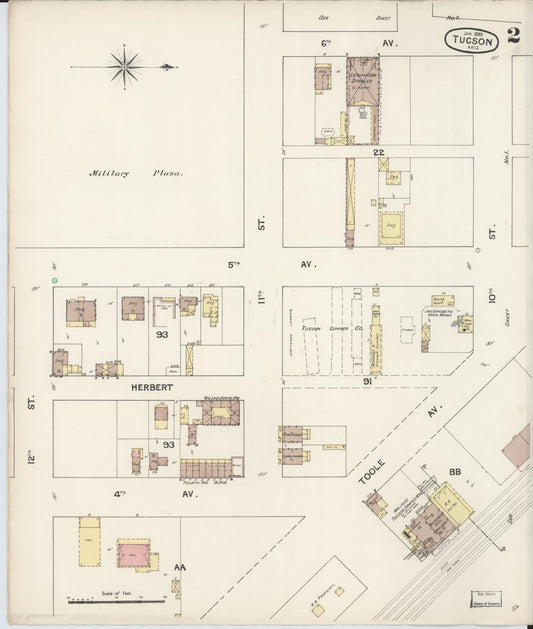Sanborn Fire Insurance Map from Tucson, Pima County, Arizona (1889), Sheet #0002 - Historic Sanborn Fire Insurance Map Print, vintage old map wall art, antique decor, genealogy gift, Arizona Arizona map