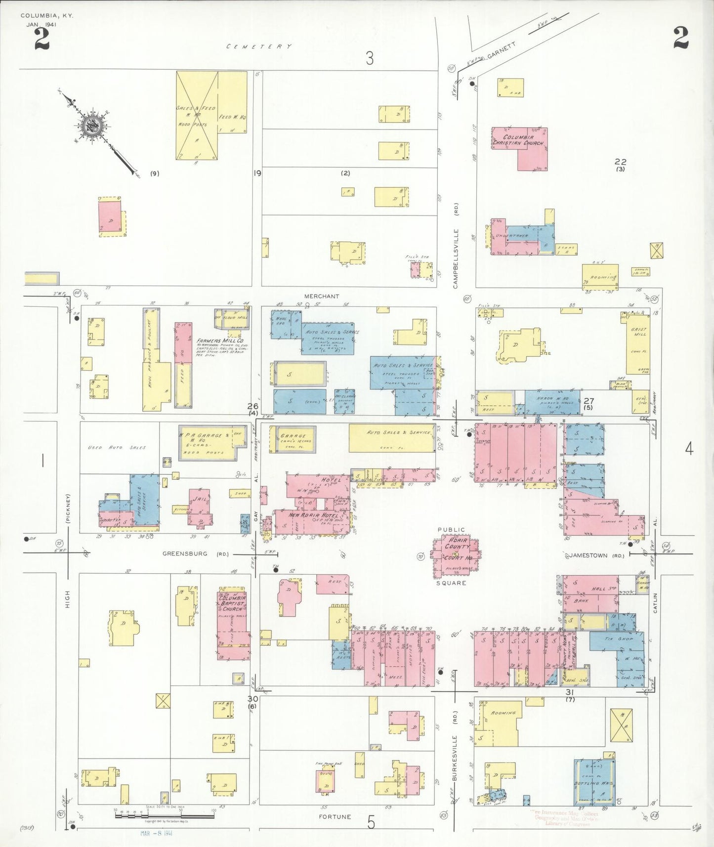 Sanborn Fire Insurance Map from Columbia, Adair County, Kentucky (1941), Sheet #0002 - Historic Sanborn Fire Insurance Map Print, vintage old map wall art, antique decor, genealogy gift, Kentucky Kentucky map
