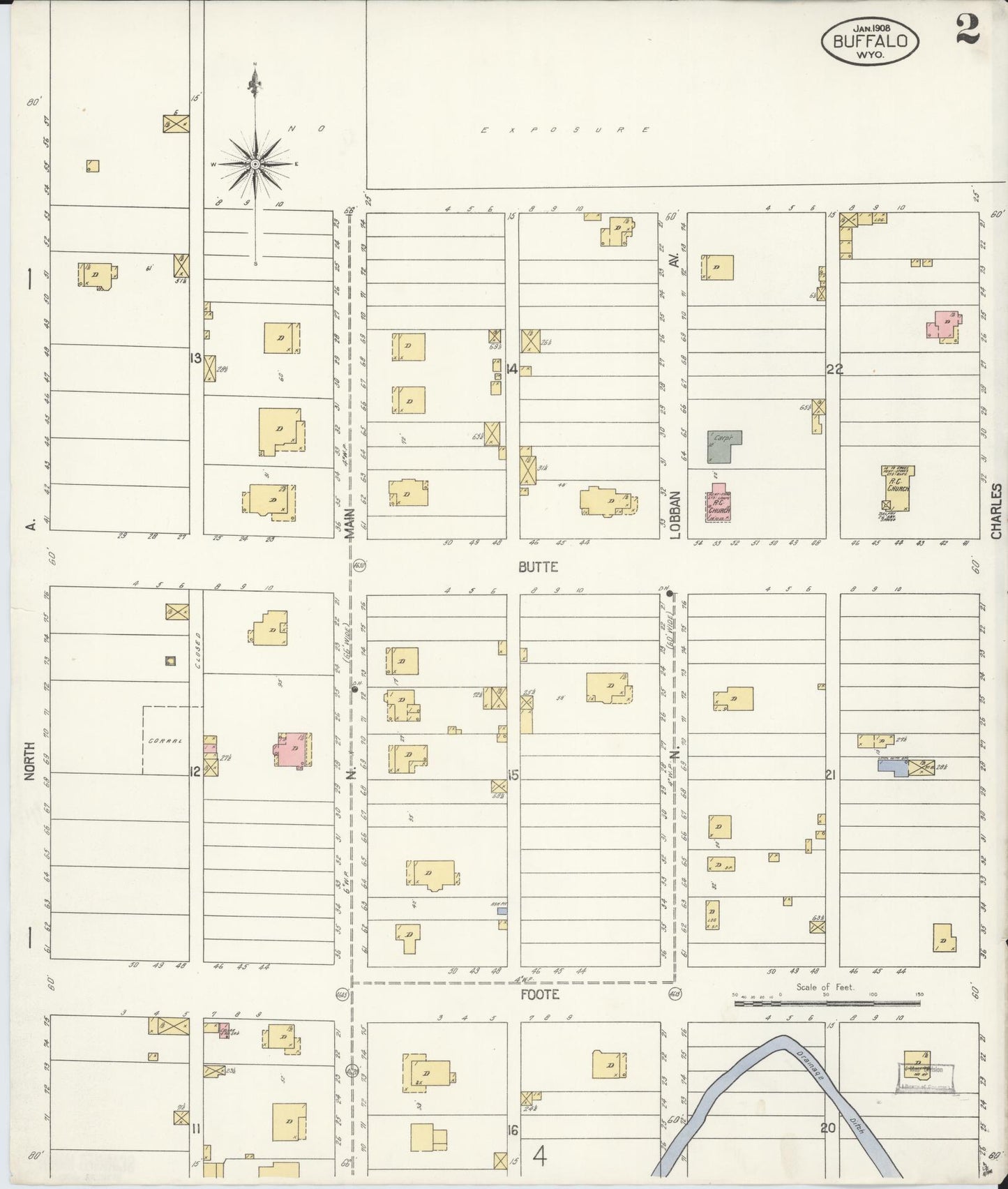 Sanborn Fire Insurance Map from Buffalo, Johnson County, Wyoming (1908), Sheet #0002 - Complete Map Set gallery image, historic Sanborn map, vintage wall art, Wyoming Wyoming