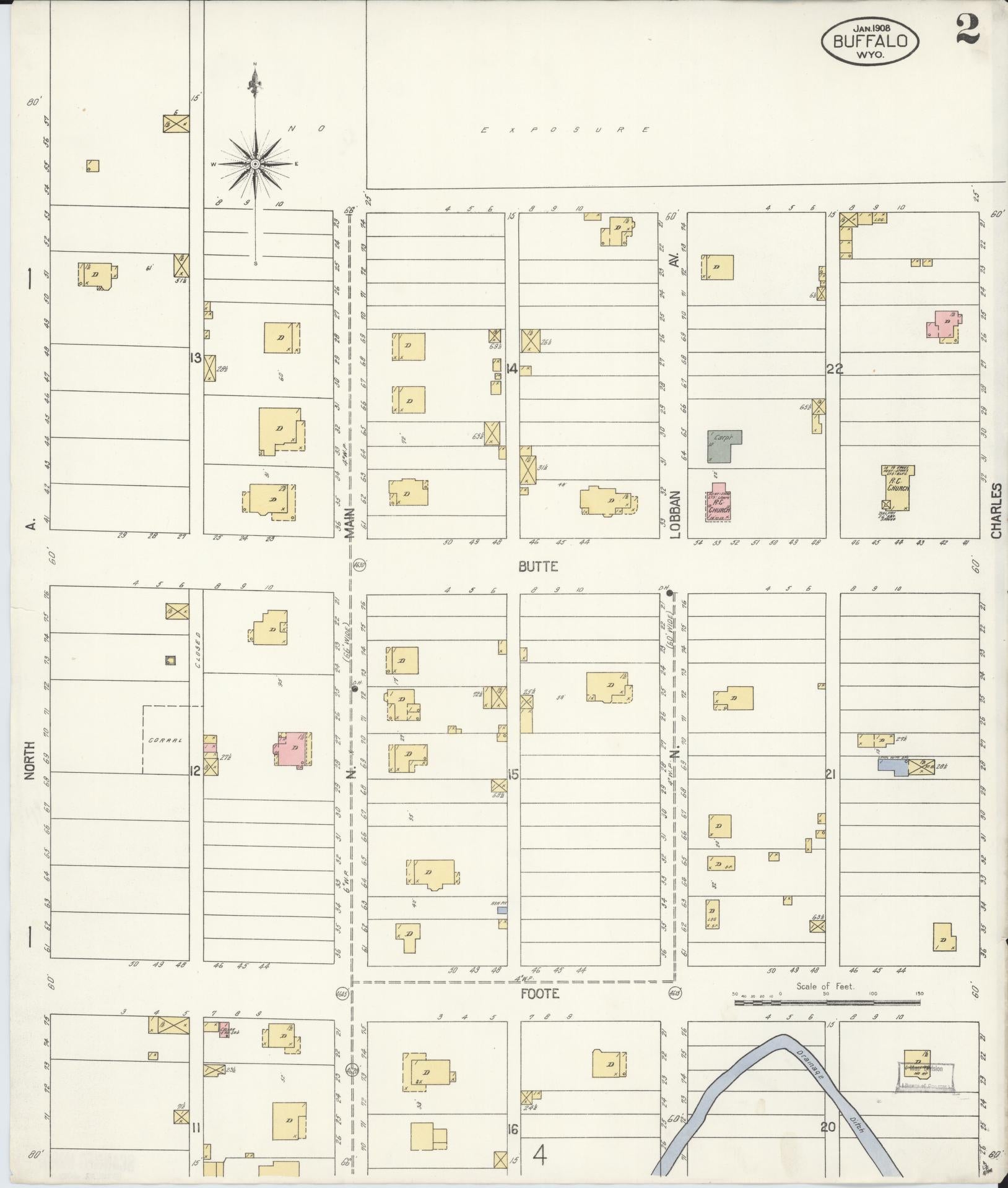Sanborn Fire Insurance Map from Buffalo, Johnson County, Wyoming (1908), Sheet #0002 - Complete Map Set gallery image, historic Sanborn map, vintage wall art, Wyoming Wyoming
