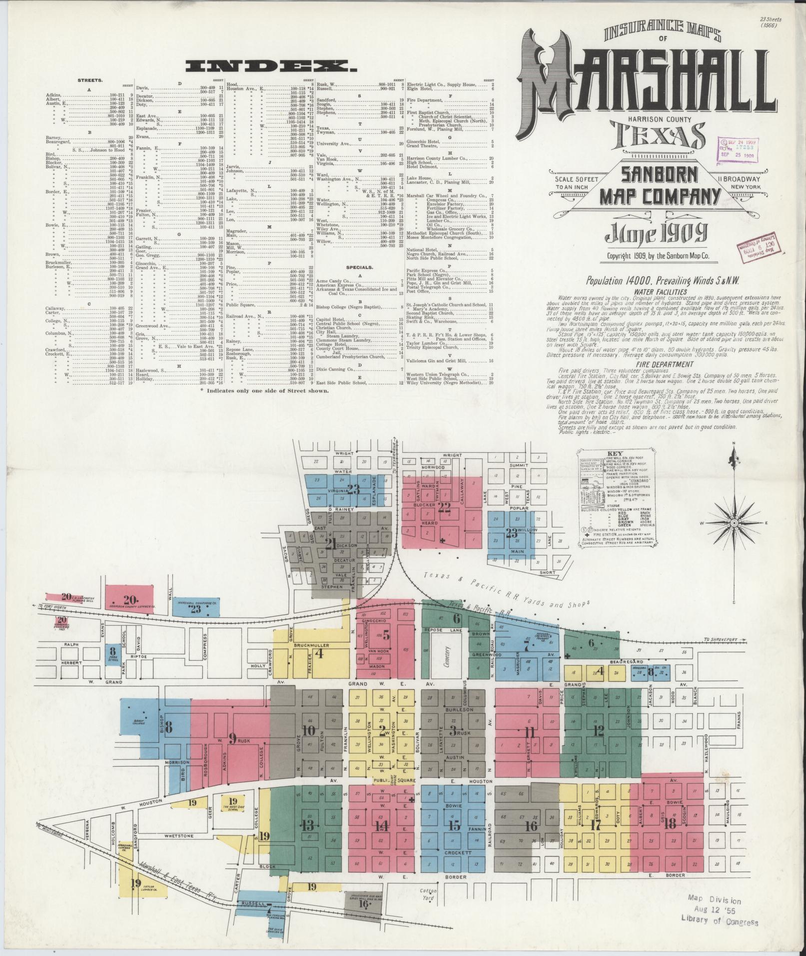 Sanborn Fire Insurance Map from Marshall, Harrison County, Texas (1909), Sheet #0001 - Complete Map Set gallery image, historic Sanborn map, vintage wall art, Texas Texas