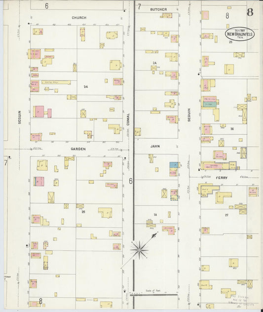 Sanborn Fire Insurance Map from New Braunfels, Comal County, Texas (1907), Sheet #0008 - Historic Sanborn Fire Insurance Map Print, vintage old map wall art, antique decor, genealogy gift, Texas Texas map
