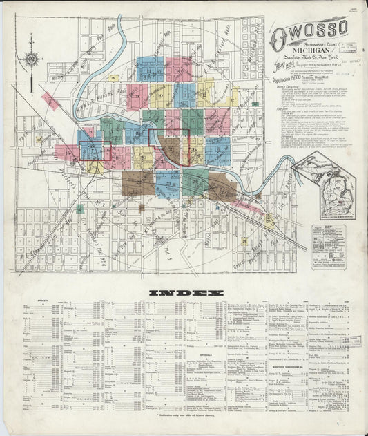 Sanborn Fire Insurance Map from Owosso, Shiawassee County, Michigan (1924), Sheet #0001 - Historic Sanborn Fire Insurance Map Print, vintage old map wall art, antique decor, genealogy gift, Michigan Michigan map
