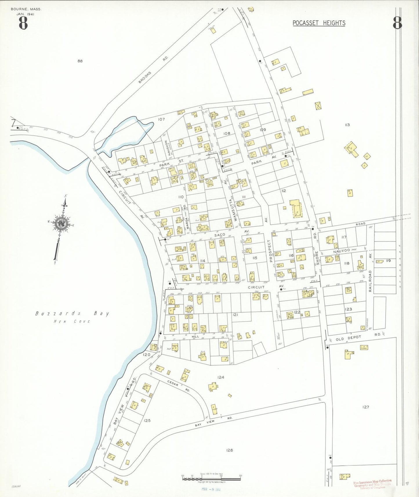 Sanborn Fire Insurance Map from Bourne, Barnstable County, Massachusetts (1941), Sheet #0008 - Historic Sanborn Fire Insurance Map Print, vintage old map wall art, antique decor, genealogy gift, Massachusetts Massachusetts map