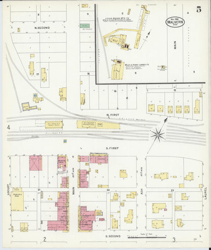 Sanborn Fire Insurance Map from Malvern, Hot Springs County, Arkansas (1908), Sheet #0005 - Complete Map Set gallery image, historic Sanborn map, vintage wall art, Arkansas Arkansas