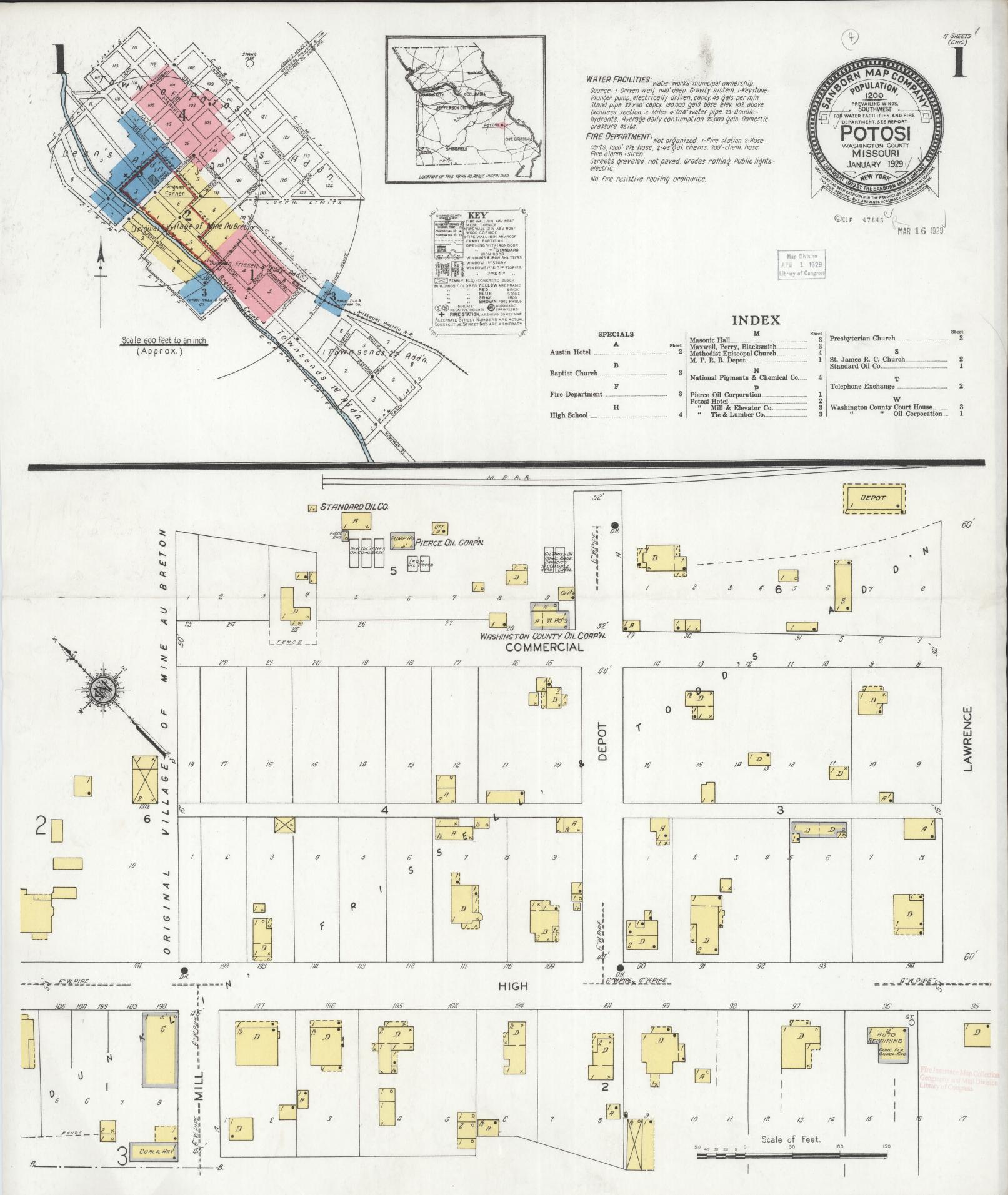 Sanborn Fire Insurance Map from Potosi, Washington County, Missouri (1929), Sheet #0001 - Complete Map Set gallery image, historic Sanborn map, vintage wall art, Missouri Missouri