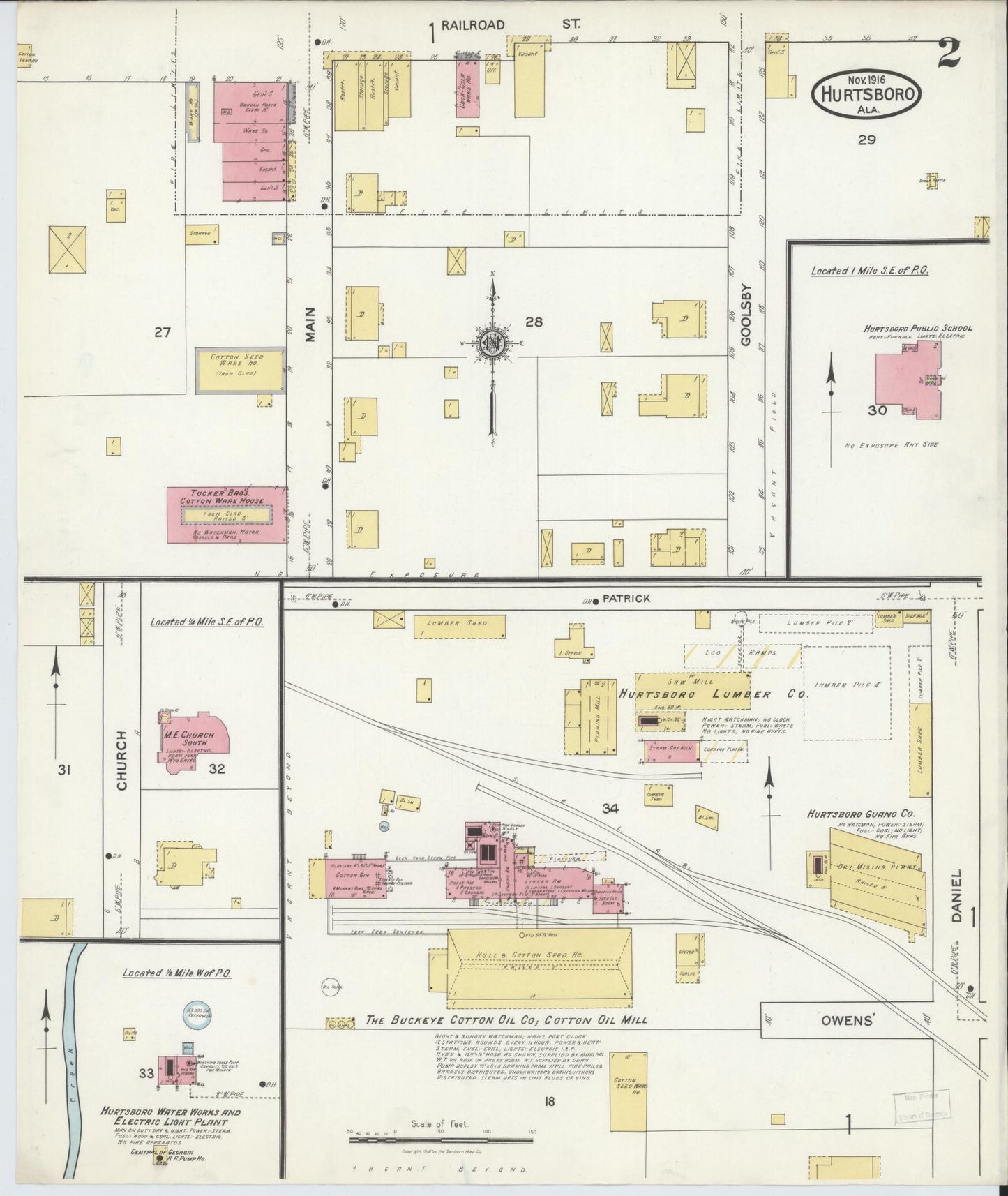 Sanborn Fire Insurance Map from Hurtsboro, Russell County, Alabama (1916), Sheet #0002 - Historic Sanborn Fire Insurance Map Print, vintage old map wall art, antique decor, genealogy gift, Alabama Alabama map