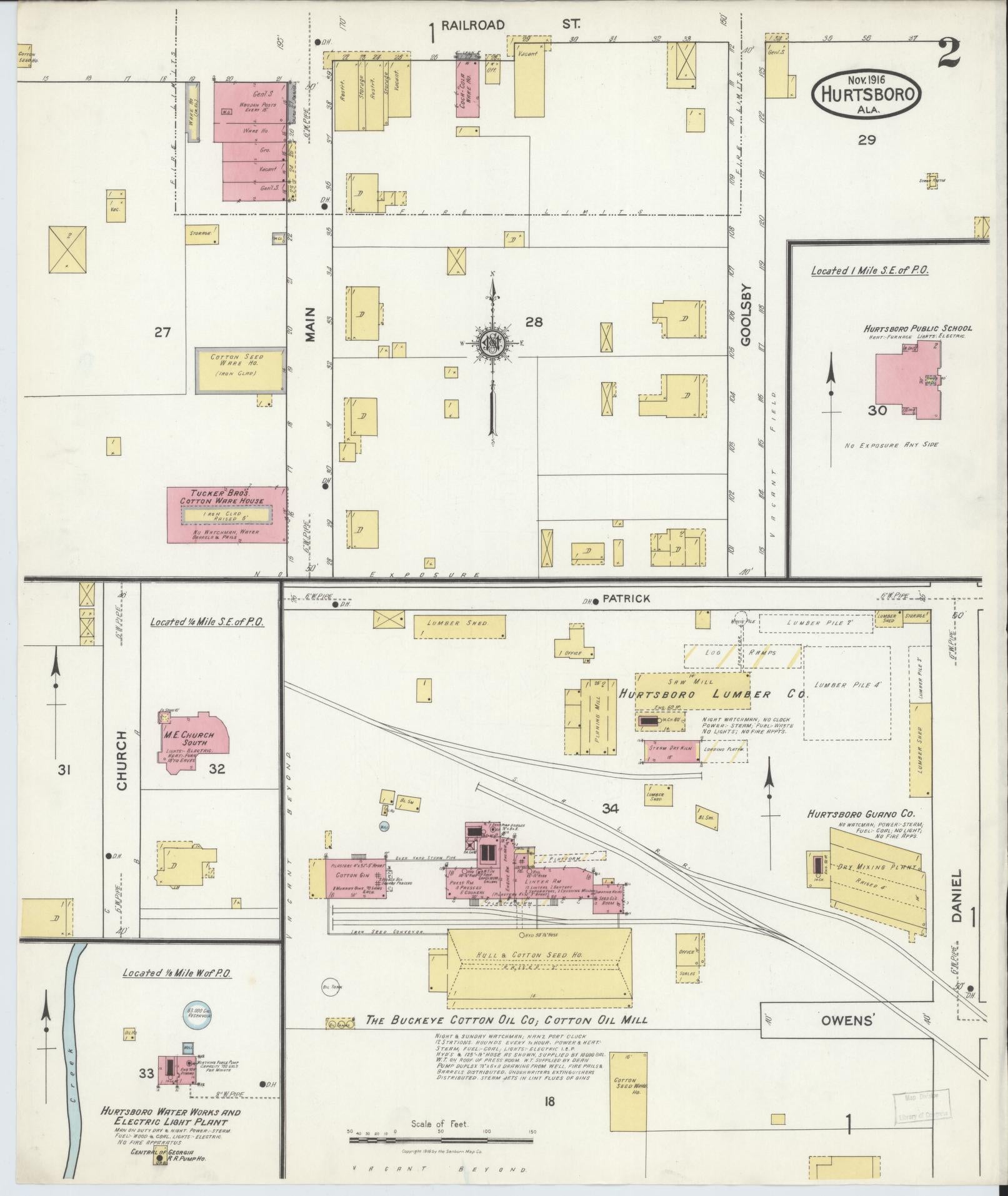 Sanborn Fire Insurance Map from Hurtsboro, Russell County, Alabama (1916), Sheet #0002 - Historic Sanborn Fire Insurance Map Print, vintage old map wall art, antique decor, genealogy gift, Alabama Alabama map