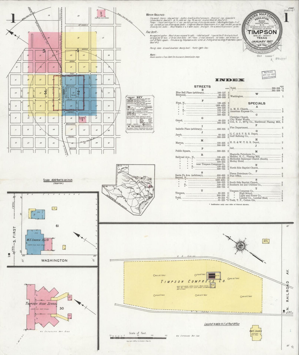 Sanborn Fire Insurance Map from Timpson, Shelby County, Texas (1927), Sheet #0001 - Historic Sanborn Fire Insurance Map Print, vintage old map wall art, antique decor, genealogy gift, Texas Texas map