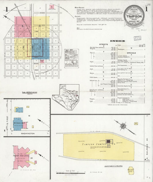 Sanborn Fire Insurance Map from Timpson, Shelby County, Texas (1927), Sheet #0001 - Historic Sanborn Fire Insurance Map Print, vintage old map wall art, antique decor, genealogy gift, Texas Texas map