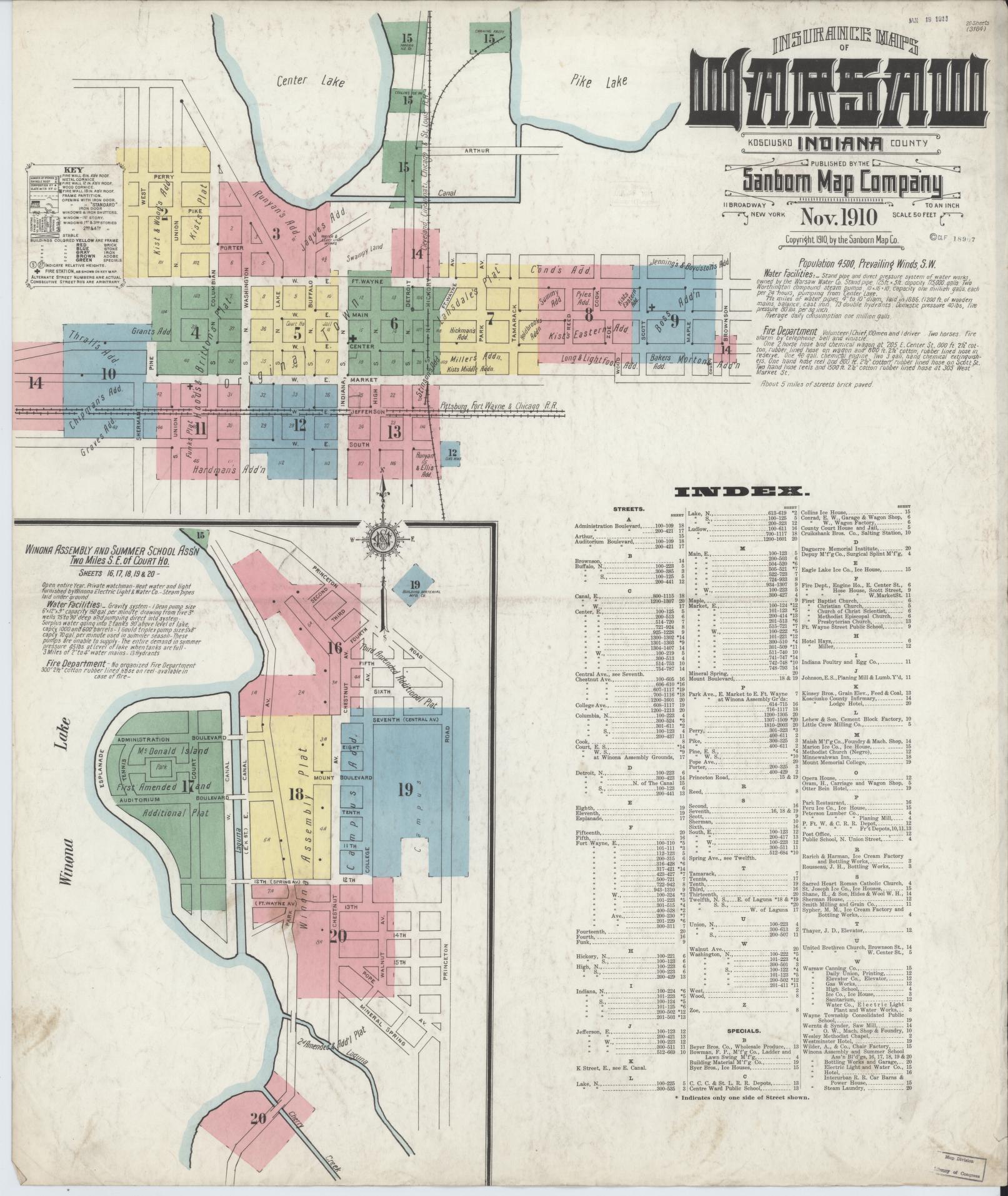 Sanborn Fire Insurance Map from Warsaw, Kosciusko County, Indiana (1910), Sheet #0001 - Complete Map Set gallery image, historic Sanborn map, vintage wall art, Indiana Indiana