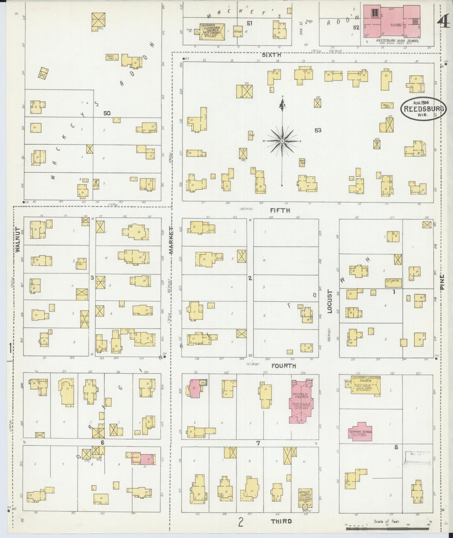 Sanborn Fire Insurance Map from Reedsburg, Sauk County, Wisconsin (1904), Sheet #0004 - Complete Map Set gallery image, historic Sanborn map, vintage wall art, Wisconsin Wisconsin