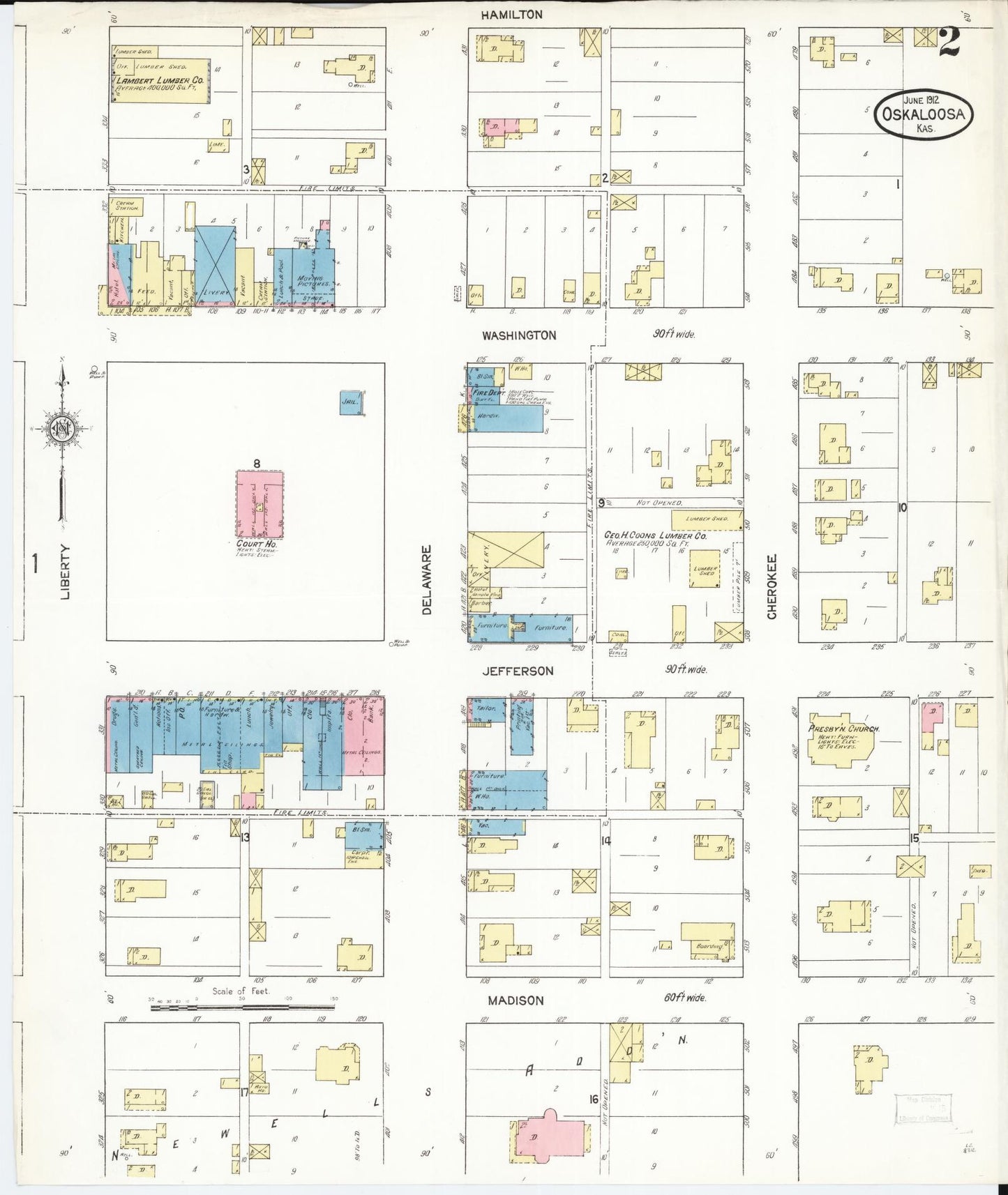 Sanborn Fire Insurance Map from Oskaloosa, Jefferson County, Kansas (1912), Sheet #0002 - Historic Sanborn Fire Insurance Map Print, vintage old map wall art, antique decor, genealogy gift, Kansas Kansas map
