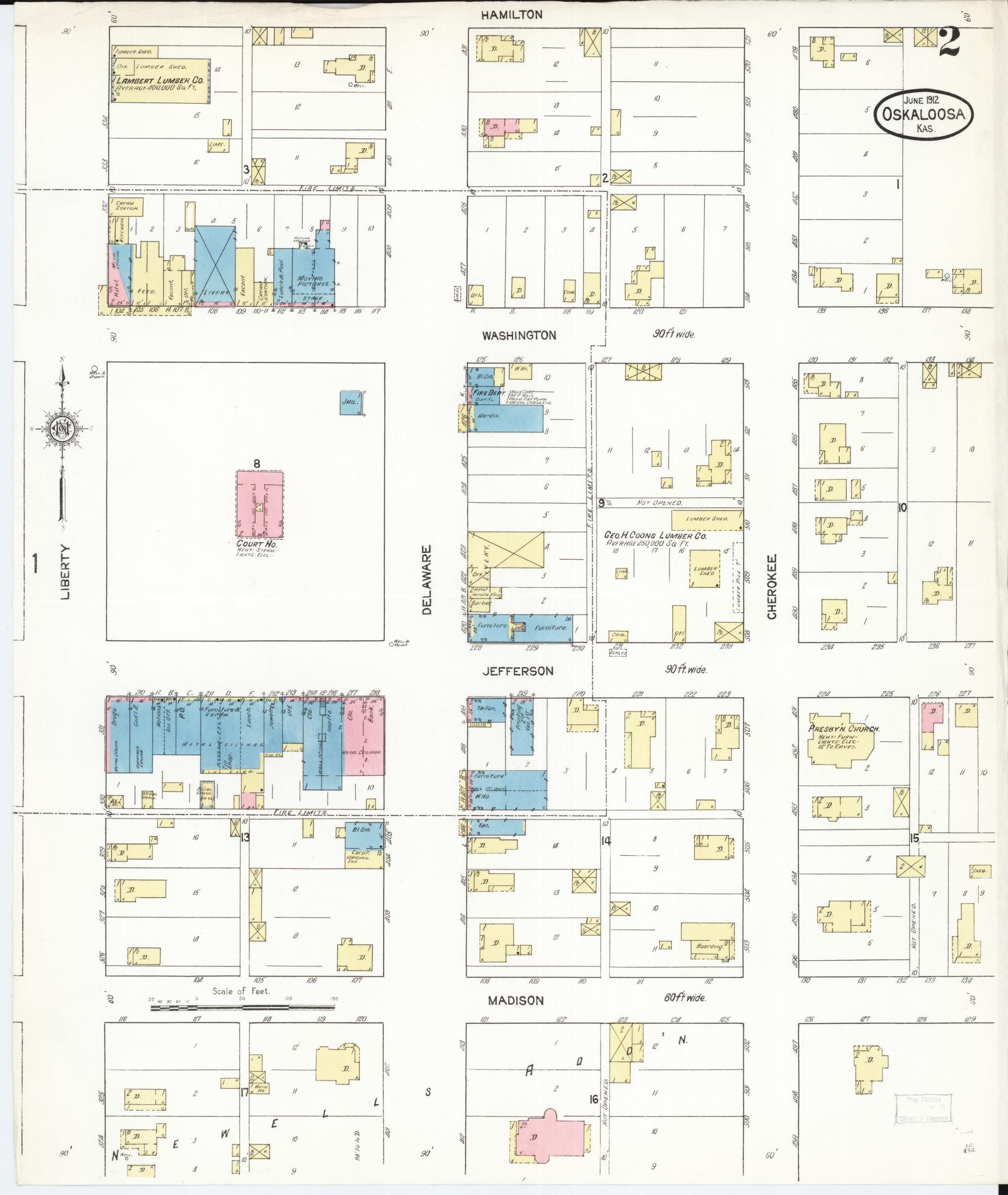 Sanborn Fire Insurance Map from Oskaloosa, Jefferson County, Kansas (1912), Sheet #0002 - Historic Sanborn Fire Insurance Map Print, vintage old map wall art, antique decor, genealogy gift, Kansas Kansas map
