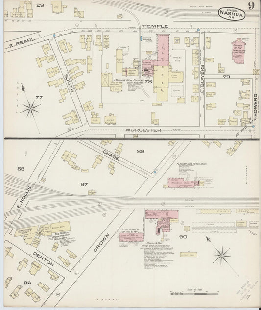 Sanborn Fire Insurance Map from Nashua, Hillsborough County, New Hampshire (1885), Sheet #0009 - Historic Sanborn Fire Insurance Map Print, vintage old map wall art, antique decor, genealogy gift, New Hampshire New Hampshire map