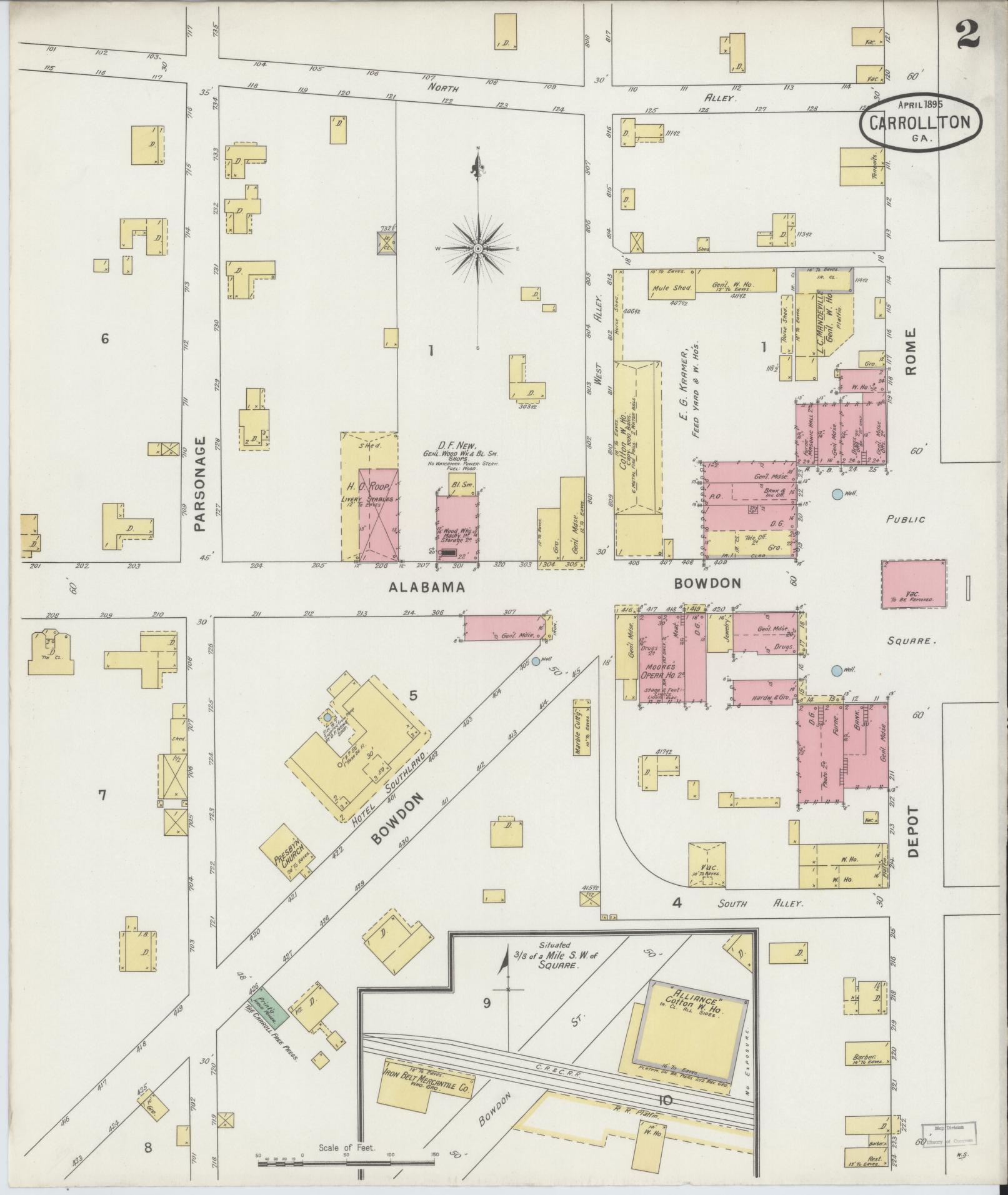 Sanborn Fire Insurance Map from Carrollton, Carroll County, Georgia (1895), Sheet #0002 - Historic Sanborn Fire Insurance Map Print, vintage old map wall art, antique decor, genealogy gift, Georgia Georgia map