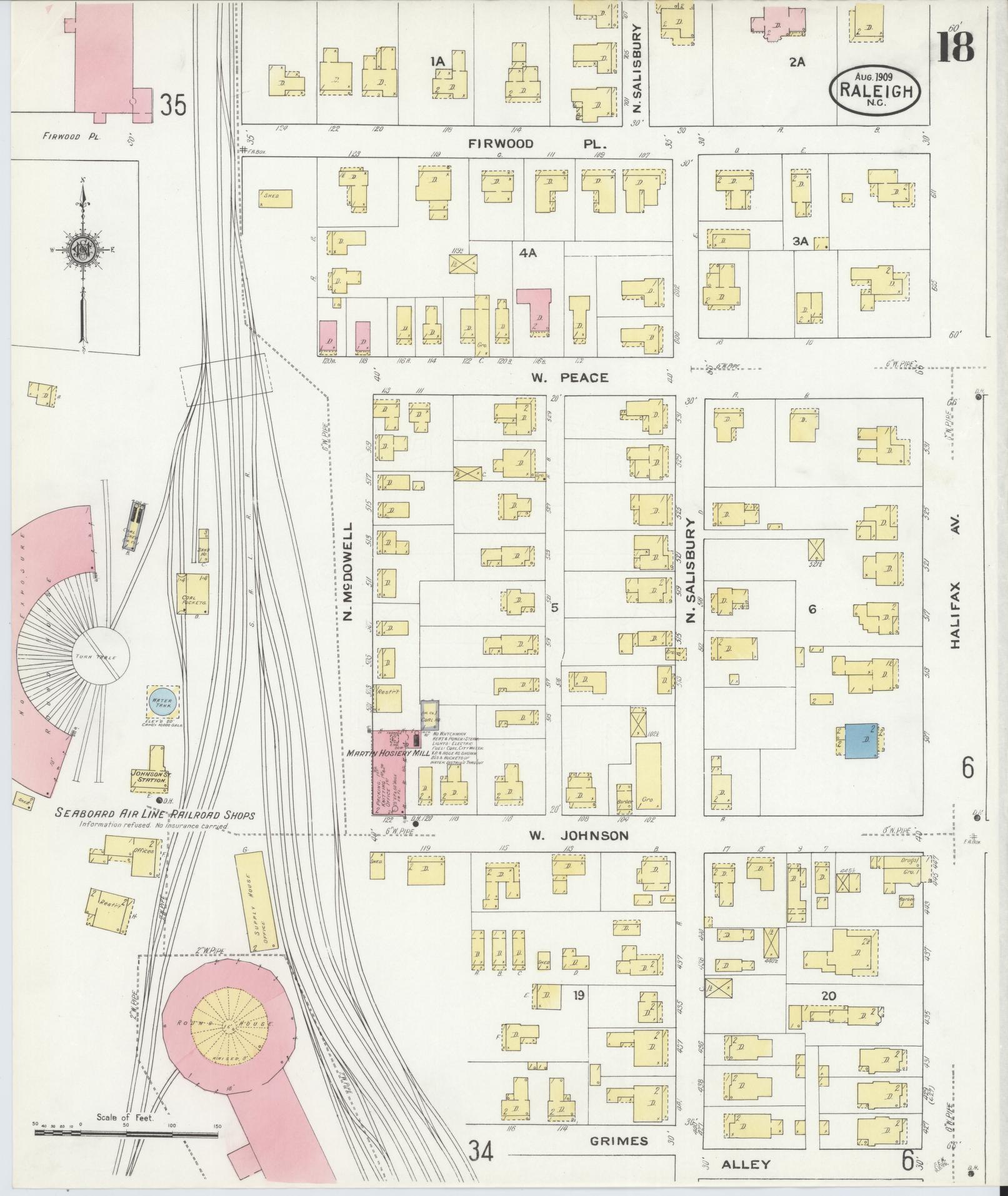 Sanborn Fire Insurance Map from Raleigh, Wake County, North Carolina (1909), Sheet #0018 - Complete Map Set gallery image, historic Sanborn map, vintage wall art, North Carolina North Carolina