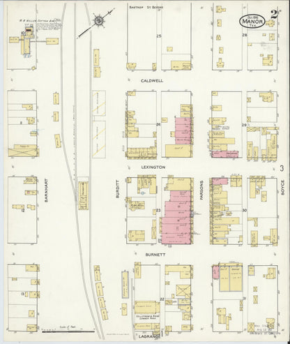 Sanborn Fire Insurance Map from Manor, Travis County, Texas (1916), Sheet #0002 - Historic Sanborn Fire Insurance Map Print, vintage old map wall art, antique decor, genealogy gift, Texas Texas map