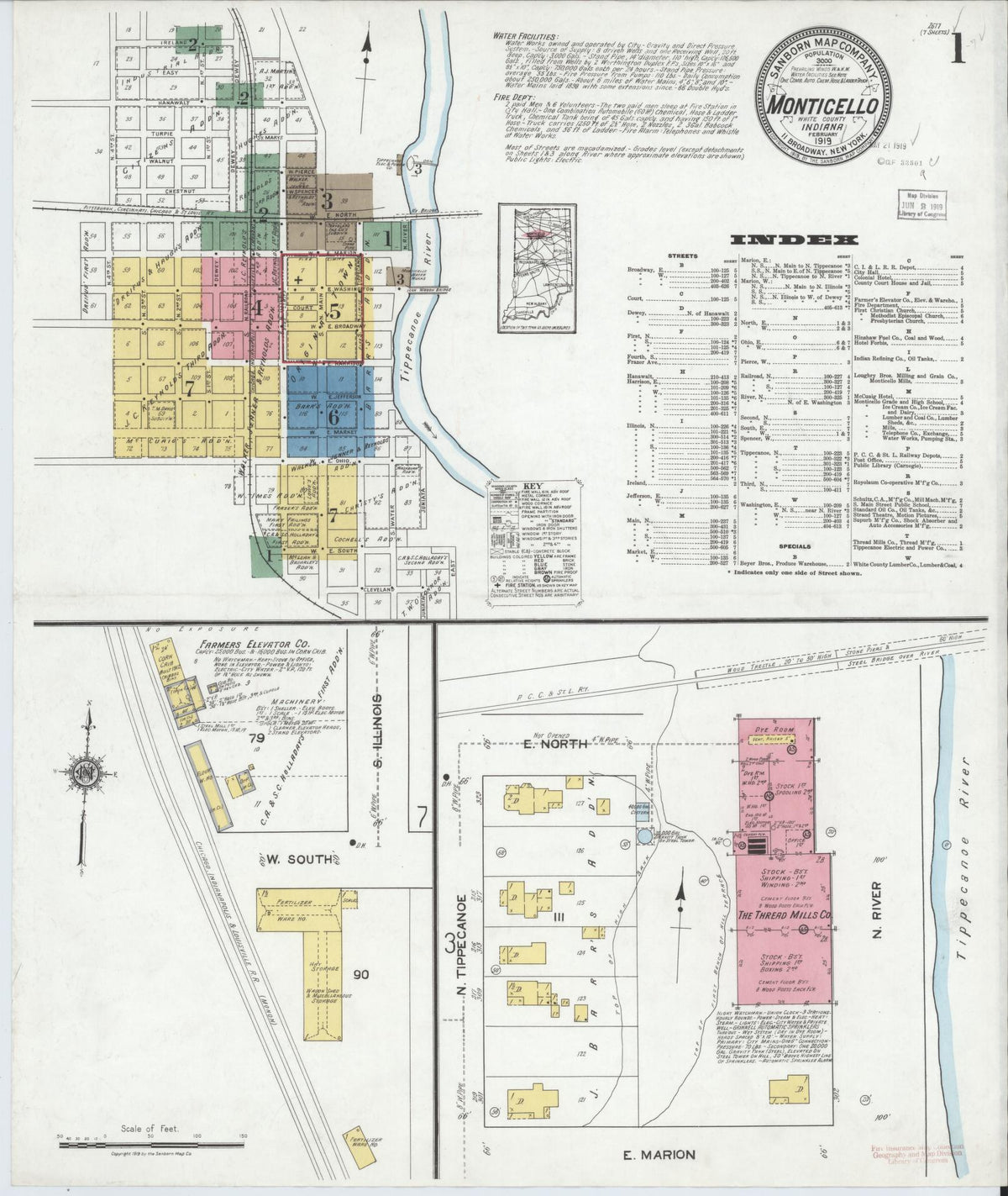 Sanborn Fire Insurance Map from Monticello, White County, Indiana (1919), Sheet #0001 - Historic Sanborn Fire Insurance Map Print, vintage old map wall art, antique decor, genealogy gift, Indiana Indiana map