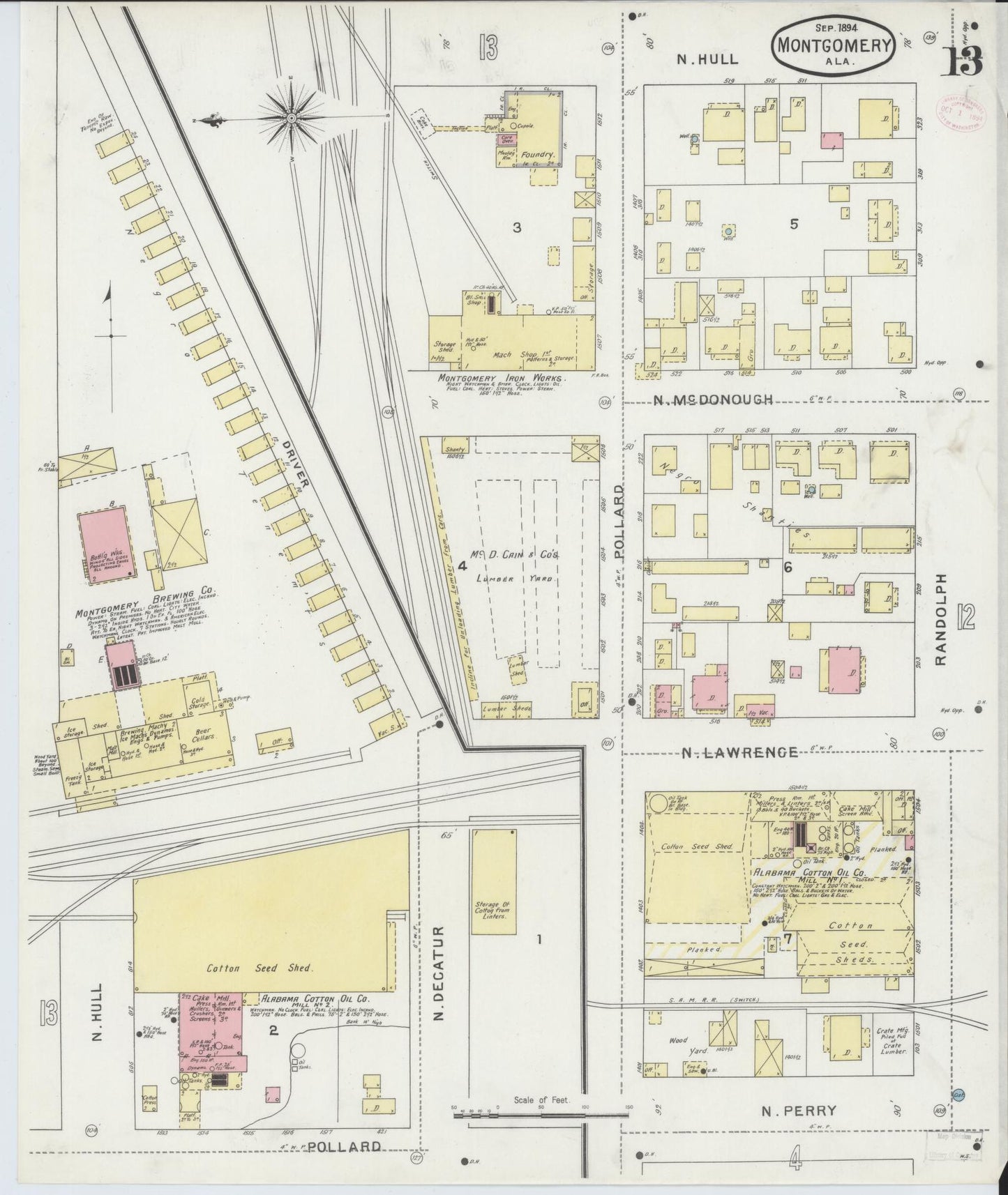 Sanborn Fire Insurance Map from Montgomery, Montgomery County, Alabama (1894), Sheet #0013 - Complete Map Set gallery image, historic Sanborn map, vintage wall art, Alabama Alabama