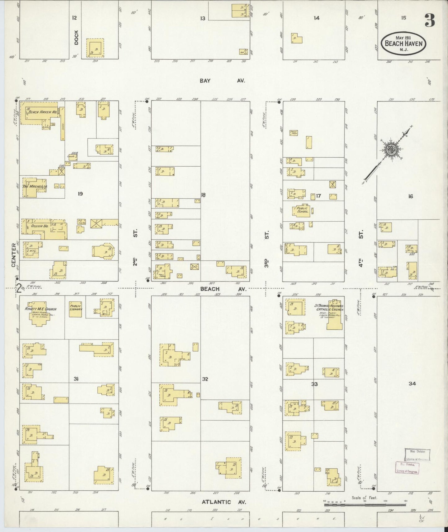 Sanborn Fire Insurance Map from Beach Haven, Ocean County, New Jersey (1911), Sheet #0003 - Historic Sanborn Fire Insurance Map Print, vintage old map wall art, antique decor, genealogy gift, New Jersey New Jersey map