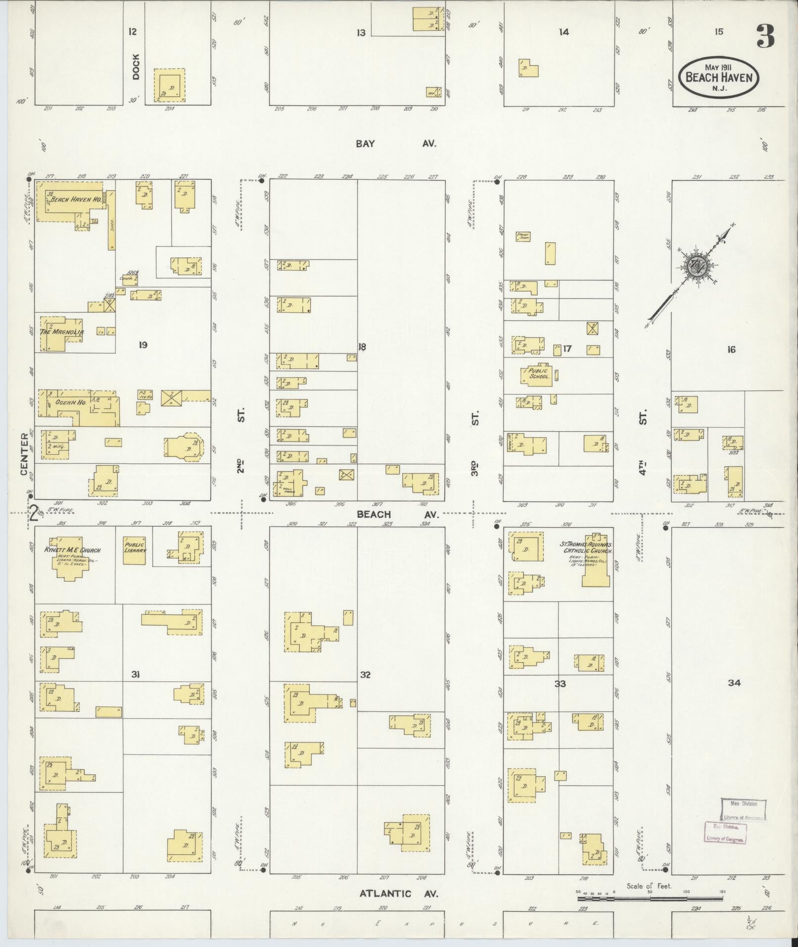 Sanborn Fire Insurance Map from Beach Haven, Ocean County, New Jersey (1911), Sheet #0003 - Historic Sanborn Fire Insurance Map Print, vintage old map wall art, antique decor, genealogy gift, New Jersey New Jersey map
