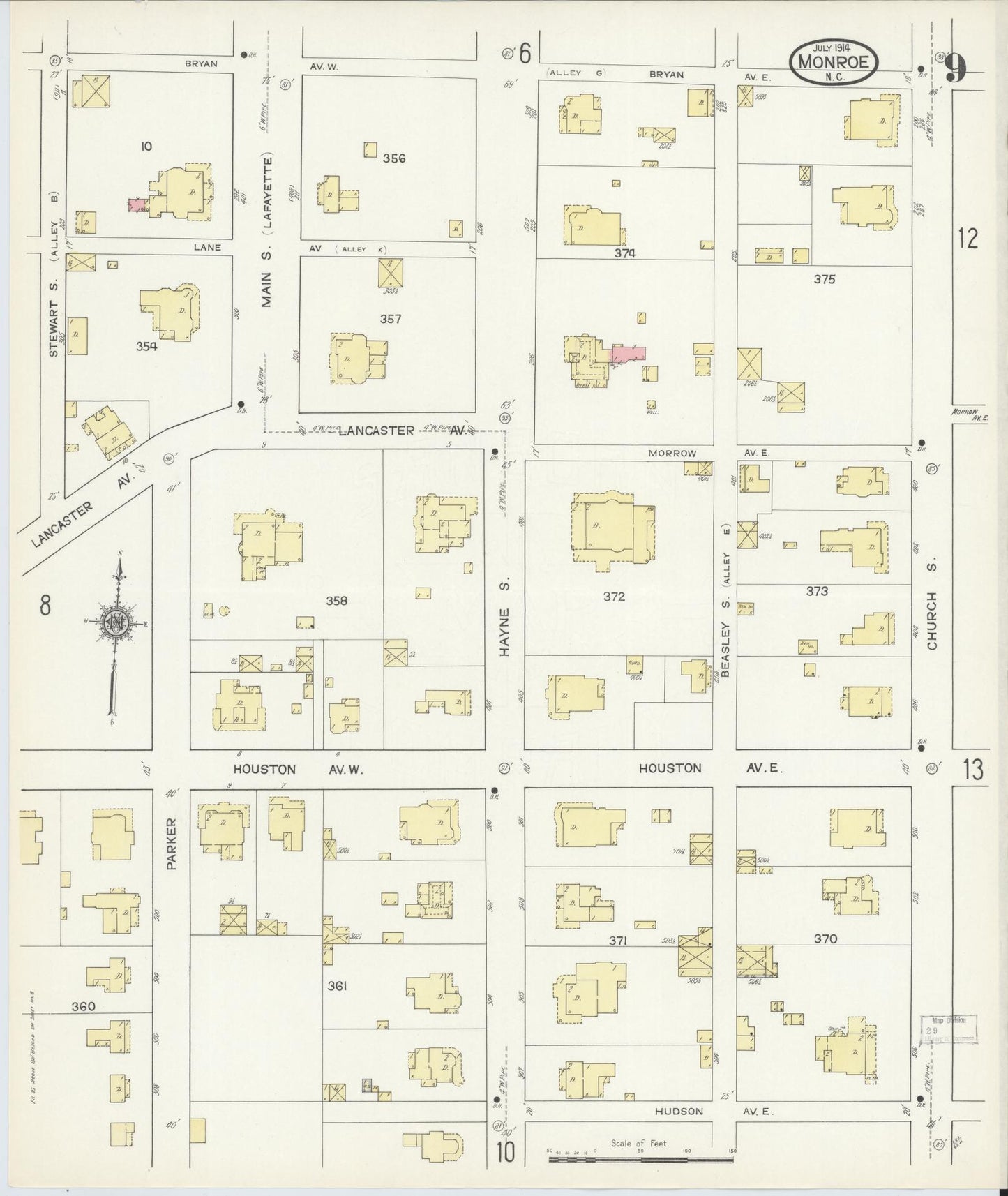 Sanborn Fire Insurance Map from Monroe, Union County, North Carolina (1914), Sheet #0009 - Complete Map Set gallery image, historic Sanborn map, vintage wall art, North Carolina North Carolina