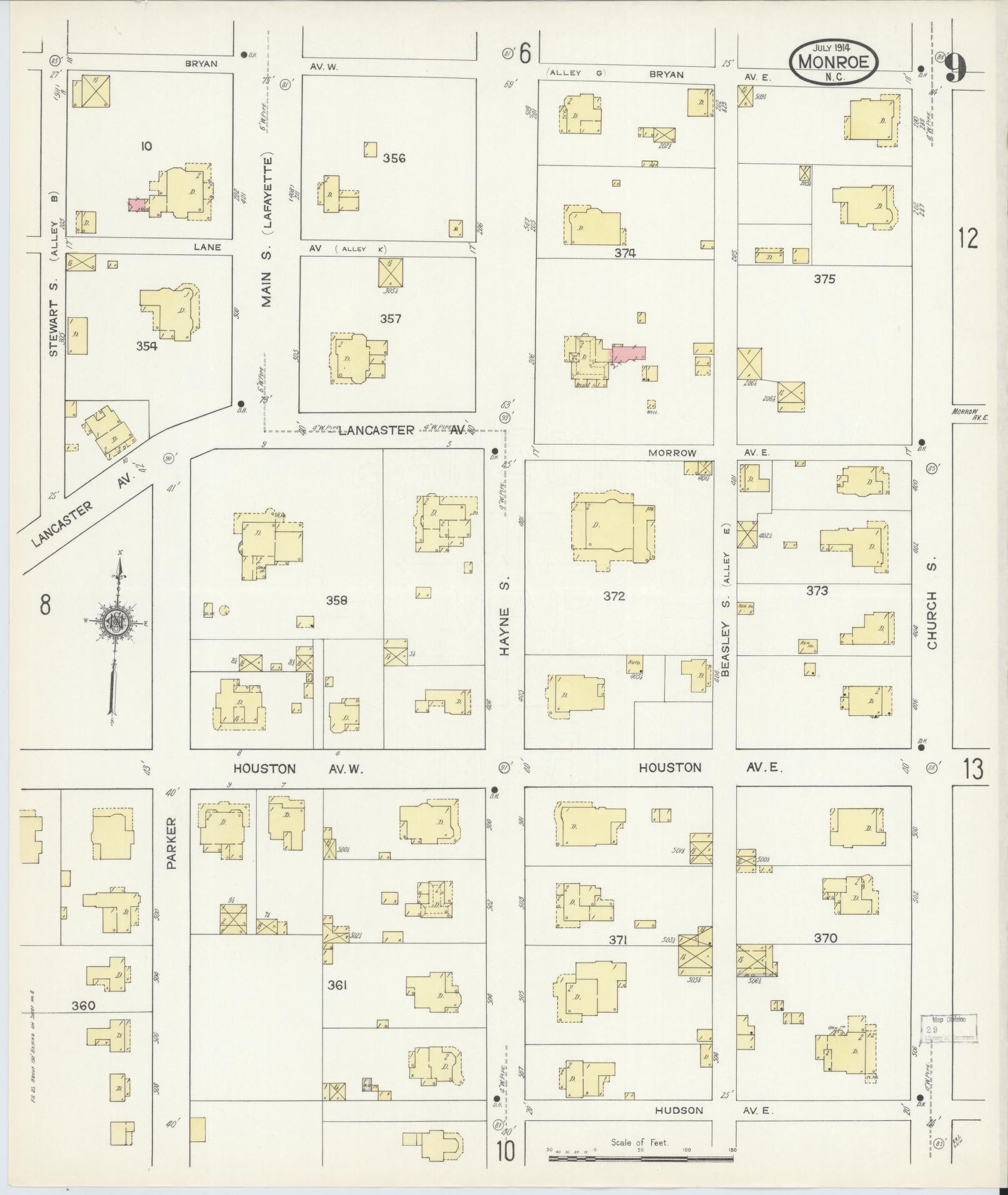 Sanborn Fire Insurance Map from Monroe, Union County, North Carolina (1914), Sheet #0009 - Complete Map Set gallery image, historic Sanborn map, vintage wall art, North Carolina North Carolina