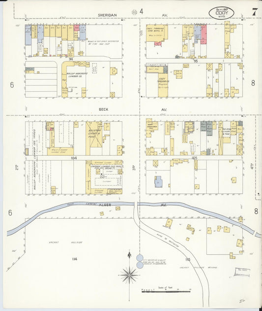 Sanborn Fire Insurance Map from Cody, Park County, Wyoming (1907), Sheet #0007 - Historic Sanborn Fire Insurance Map Print, vintage old map wall art, antique decor, genealogy gift, Wyoming Wyoming map