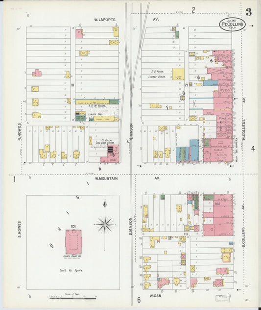 Sanborn Fire Insurance Map from Fort Collins, Larimer County, Colorado (1901), Sheet #0003 - Historic Sanborn Fire Insurance Map Print, vintage old map wall art, antique decor, genealogy gift, Colorado Colorado map