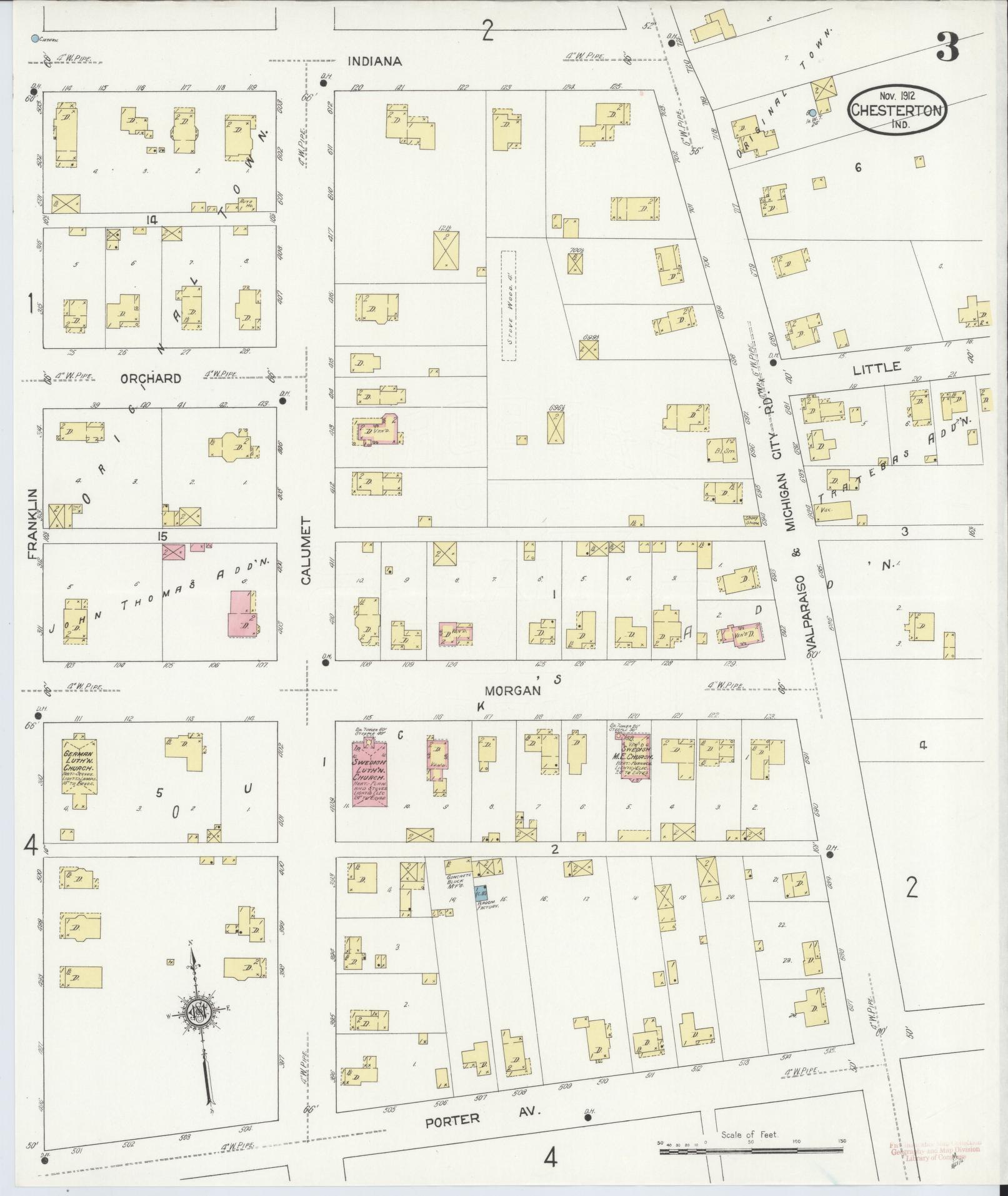 Sanborn Fire Insurance Map from Chesterton, Porter County, Indiana (1912), Sheet #0003 - Complete Map Set gallery image, historic Sanborn map, vintage wall art, Indiana Indiana