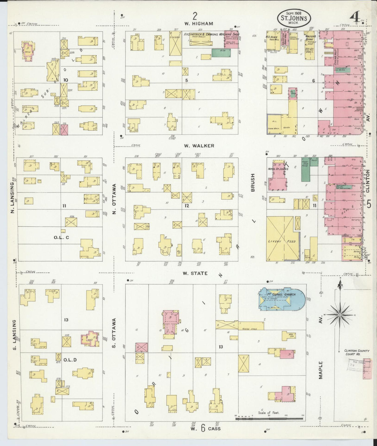 Sanborn Fire Insurance Map from Saint Johns, Clinton County, Michigan (1908), Sheet #0004 - Historic Sanborn Fire Insurance Map Print, vintage old map wall art, antique decor, genealogy gift, Michigan Michigan map