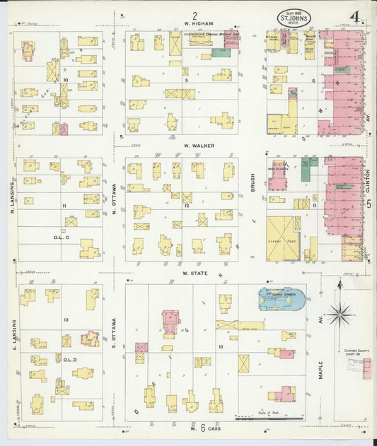 Sanborn Fire Insurance Map from Saint Johns, Clinton County, Michigan (1908), Sheet #0004 - Historic Sanborn Fire Insurance Map Print, vintage old map wall art, antique decor, genealogy gift, Michigan Michigan map