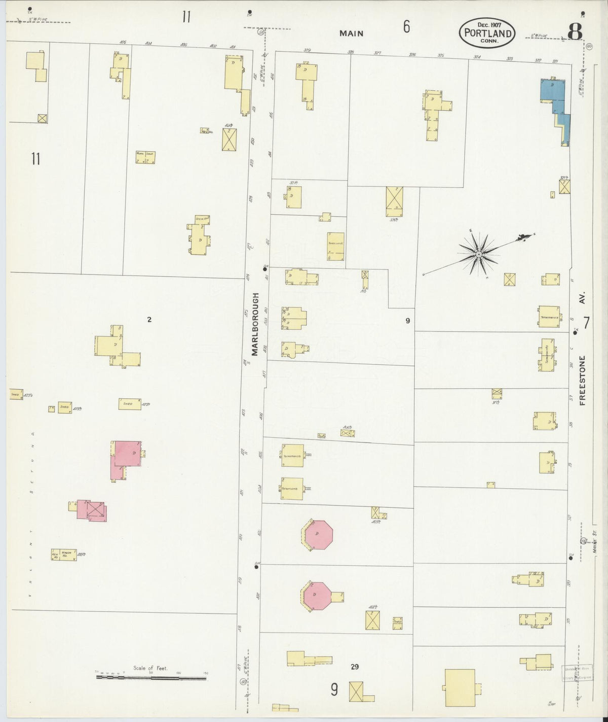 Sanborn Fire Insurance Map from Portland, Middlesex County, Connecticut (1907), Sheet #0008 - Historic Sanborn Fire Insurance Map Print, vintage old map wall art, antique decor, genealogy gift, Connecticut Connecticut map