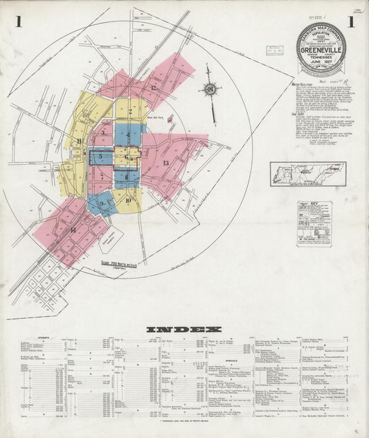 Sanborn Fire Insurance Map from Greeneville, Greene County, Tennessee (1927), Sheet #0001 - Historic Sanborn Fire Insurance Map Print, vintage old map wall art, antique decor, genealogy gift, Tennessee Tennessee map
